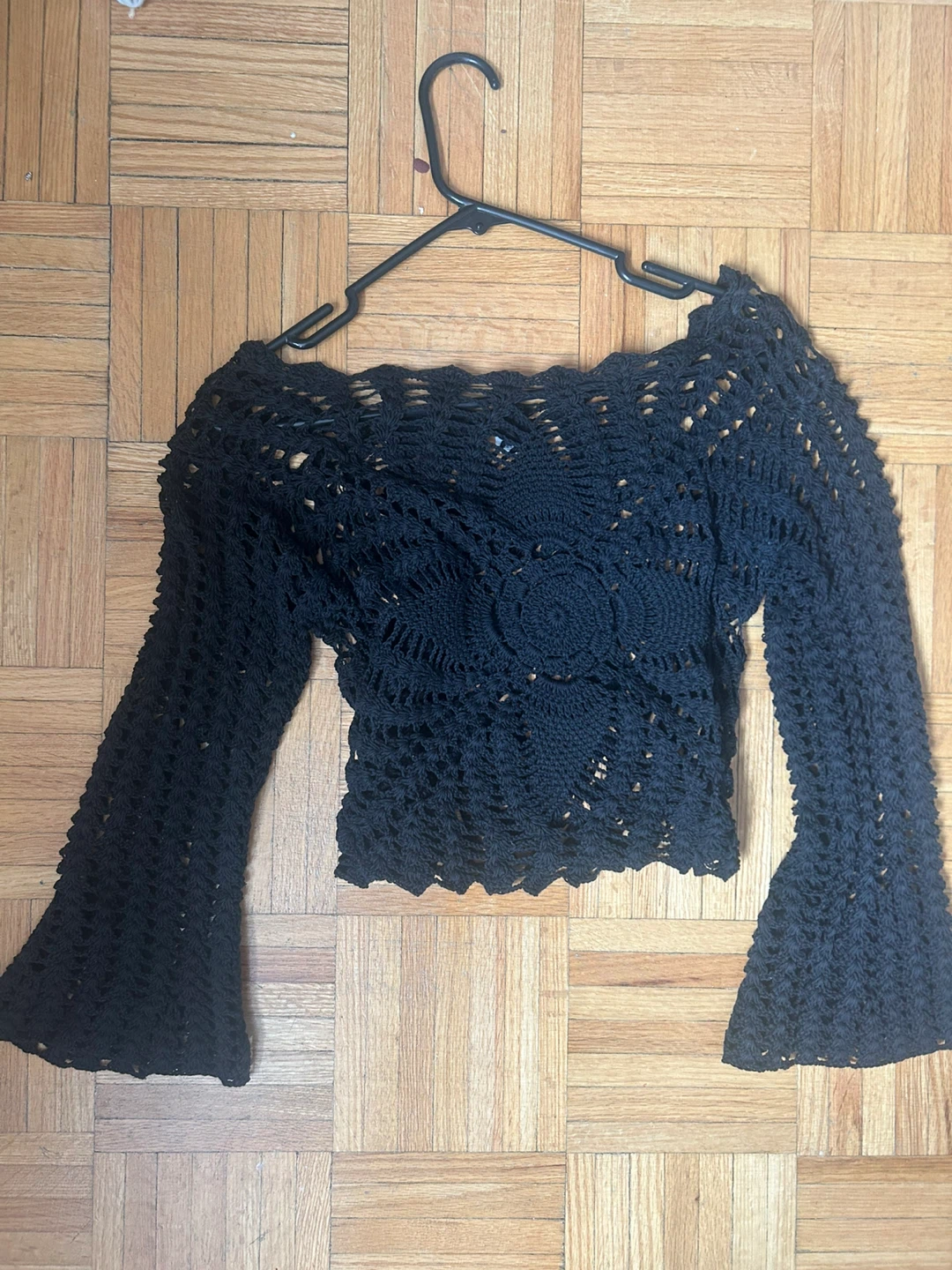 Black Crochet Bell Sleeve Crop Top
