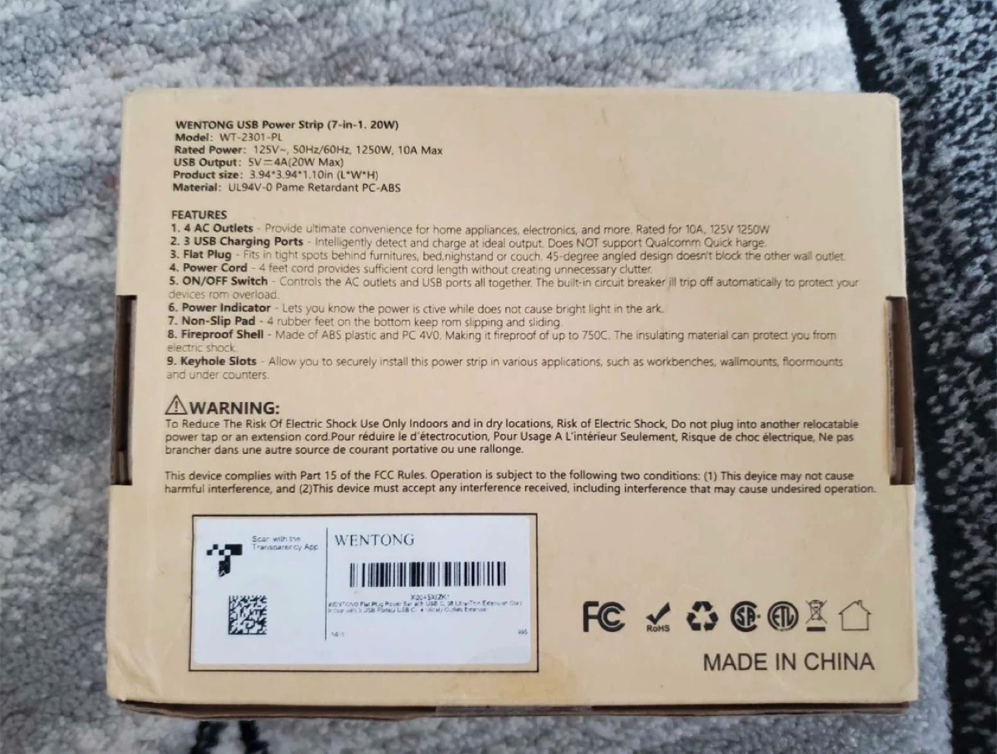 Brand new Wentong Flat Plug Power Strip with USB charging. - photo 2