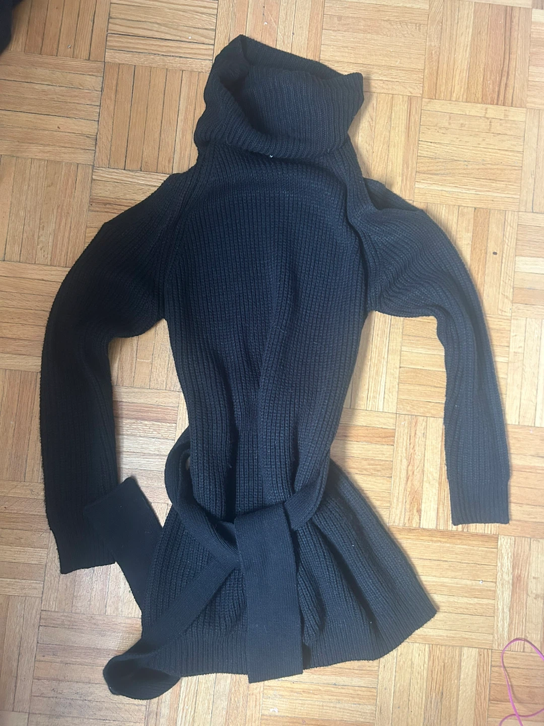 Black Ribbed Turtleneck Sweater Dress with Belt