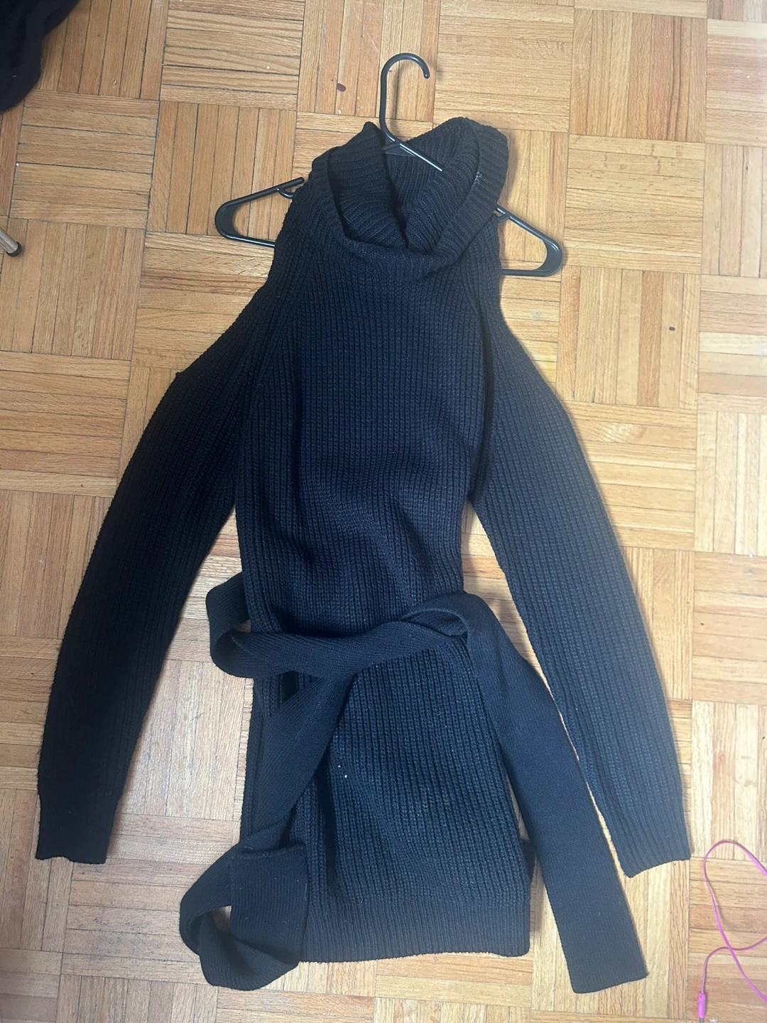 Black Ribbed Turtleneck Sweater Dress with Belt - photo 2