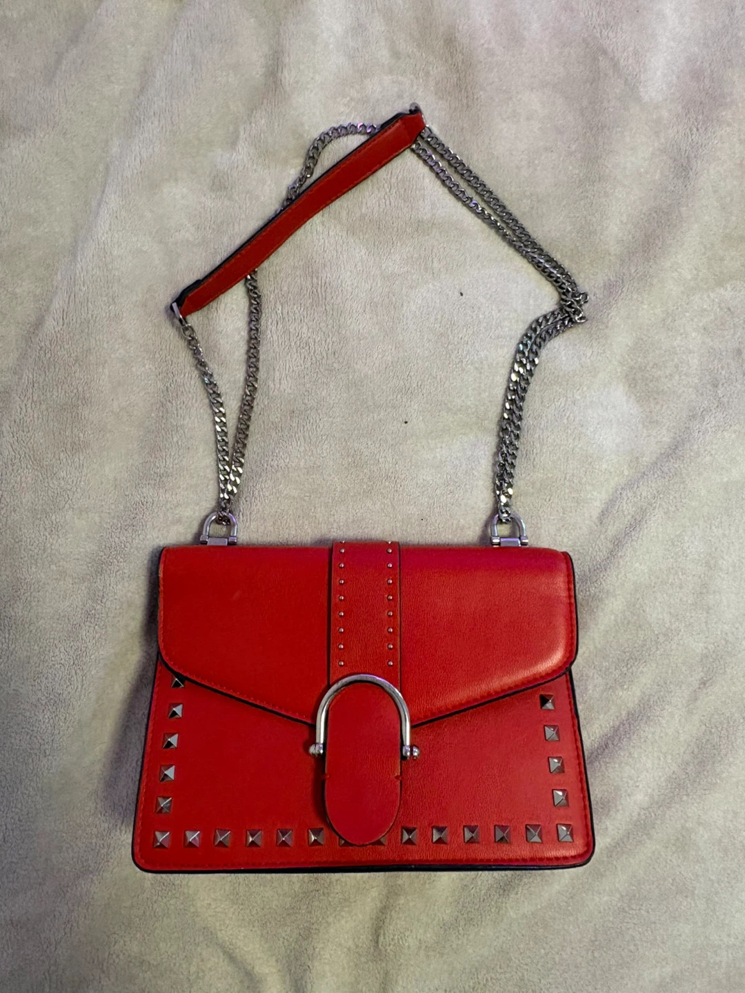 Red Studded Shoulder Bag W/ Chain Strap