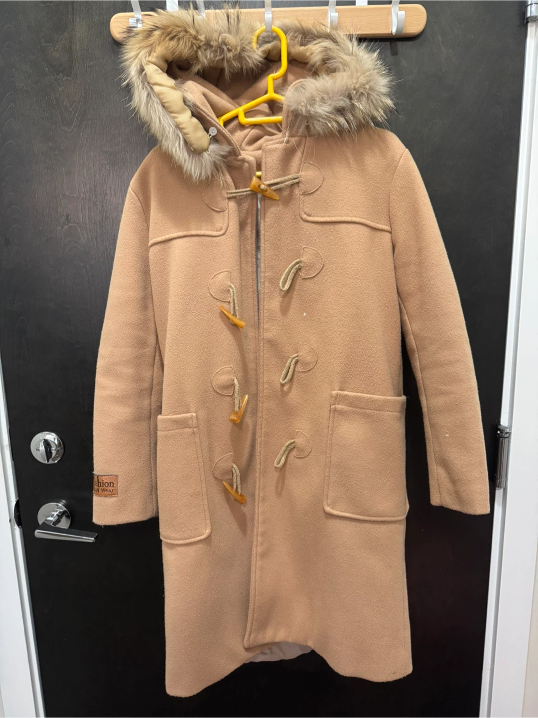 Camel Duffle Coat with Fur Hood