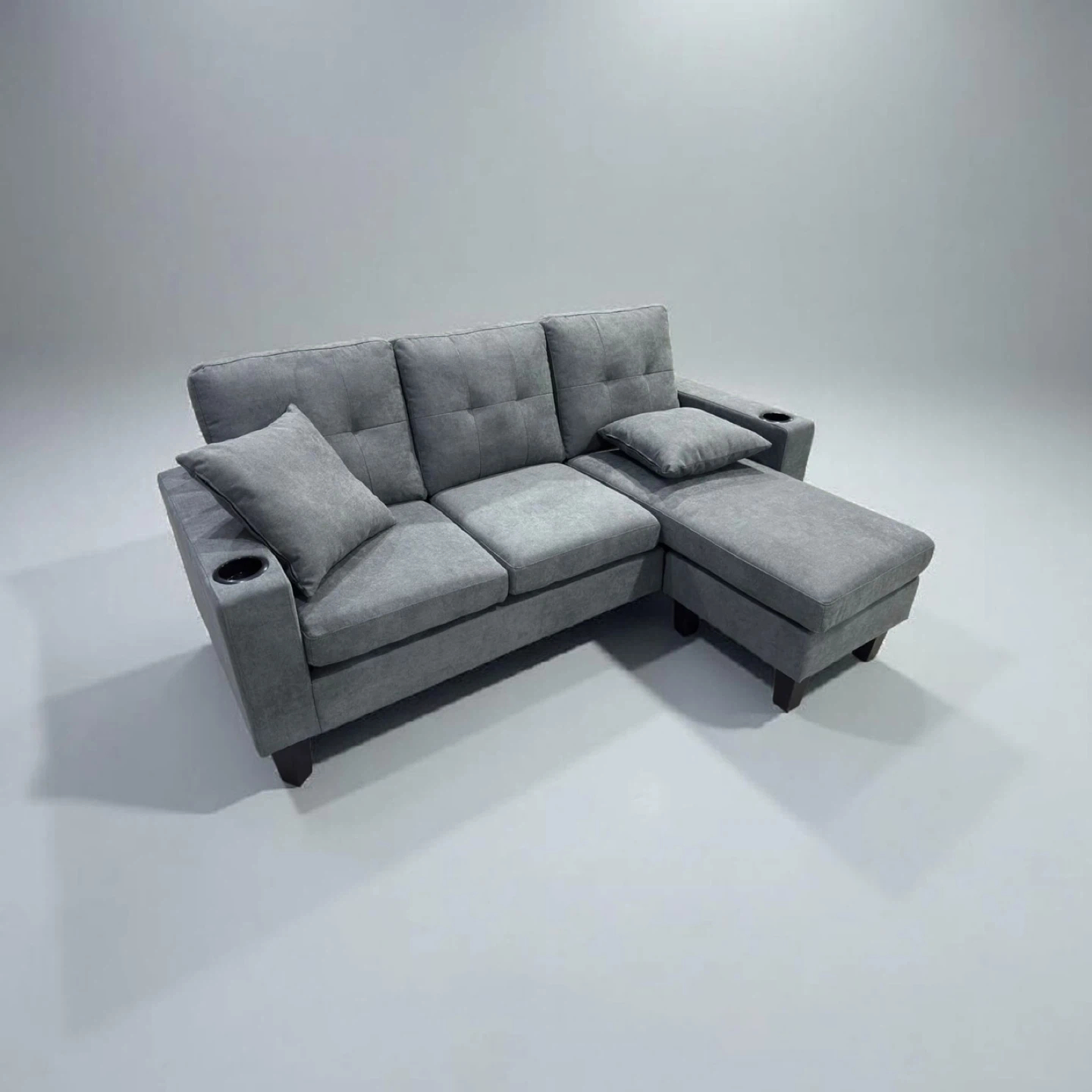 Grey Sectional Sofa with Chaise and Cup Holders