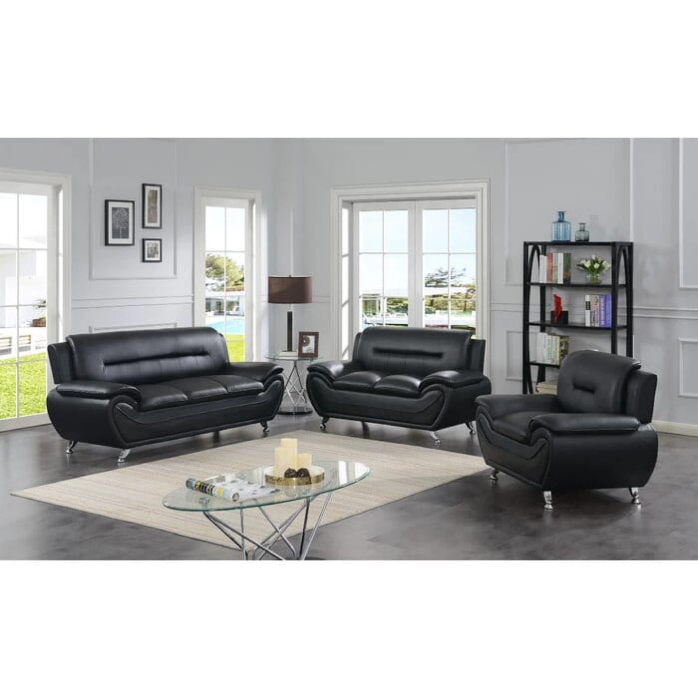 Grey Leather Living Room Sofa Set - 3 Piece