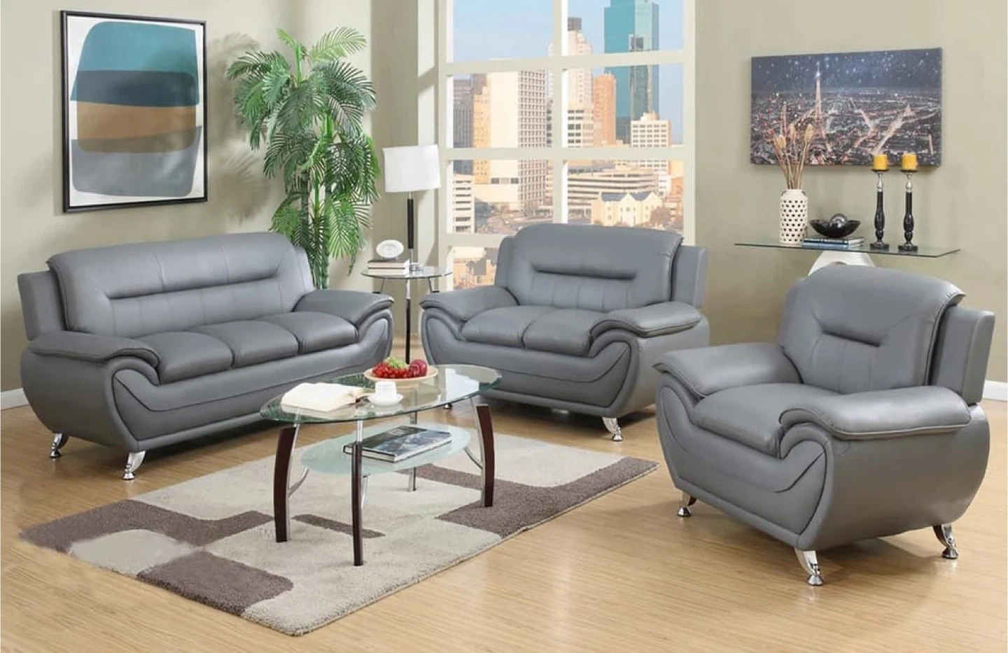Grey Leather Living Room Sofa Set - 3 Piece - photo 2