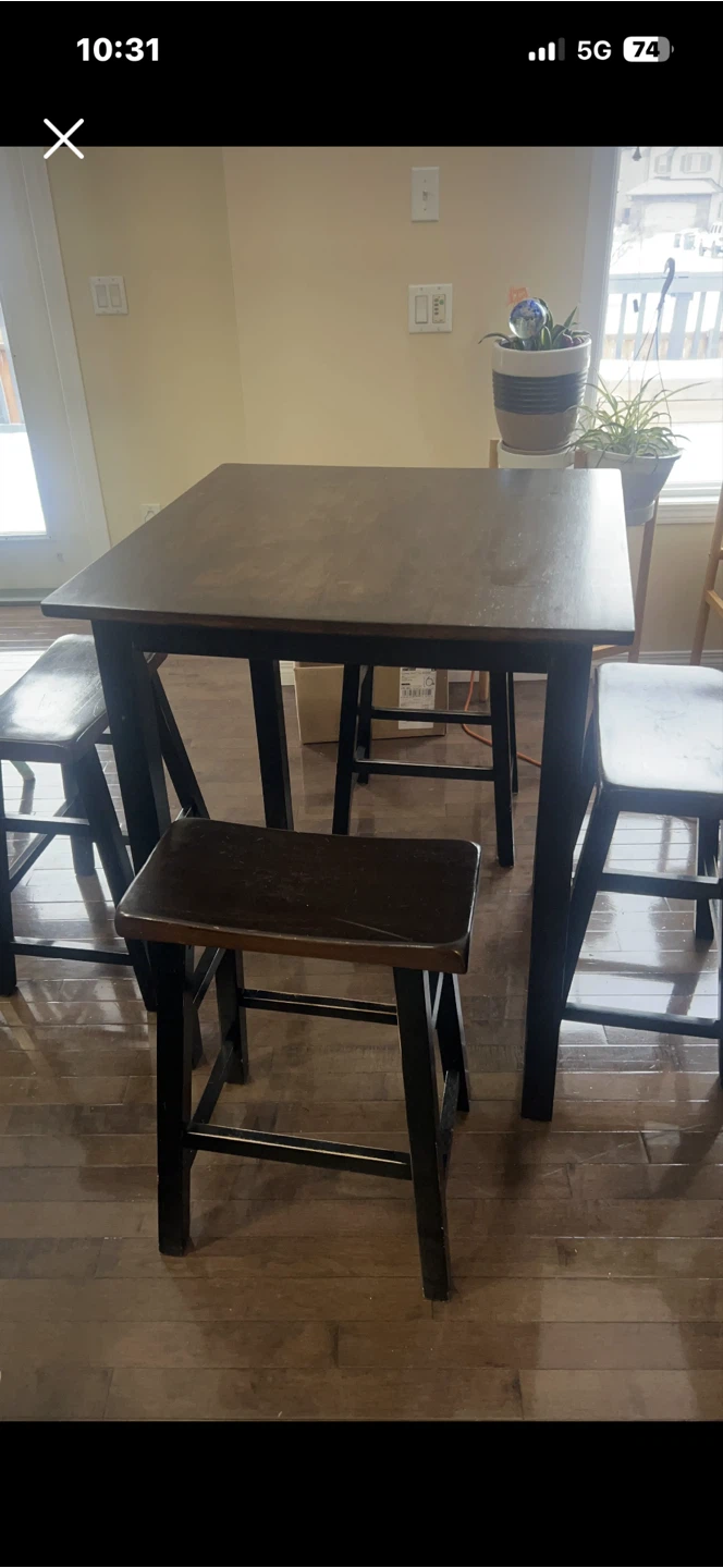 Dark Wood Counter Height Table with 4 Stools
