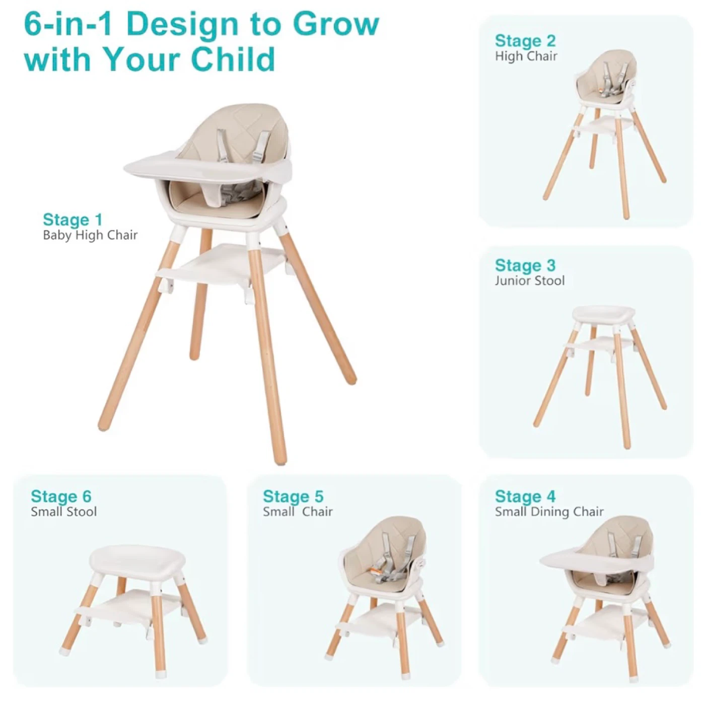 Factory Sealed 6 in 1 Wooden Convertible High Chairs, Beige - photo 3