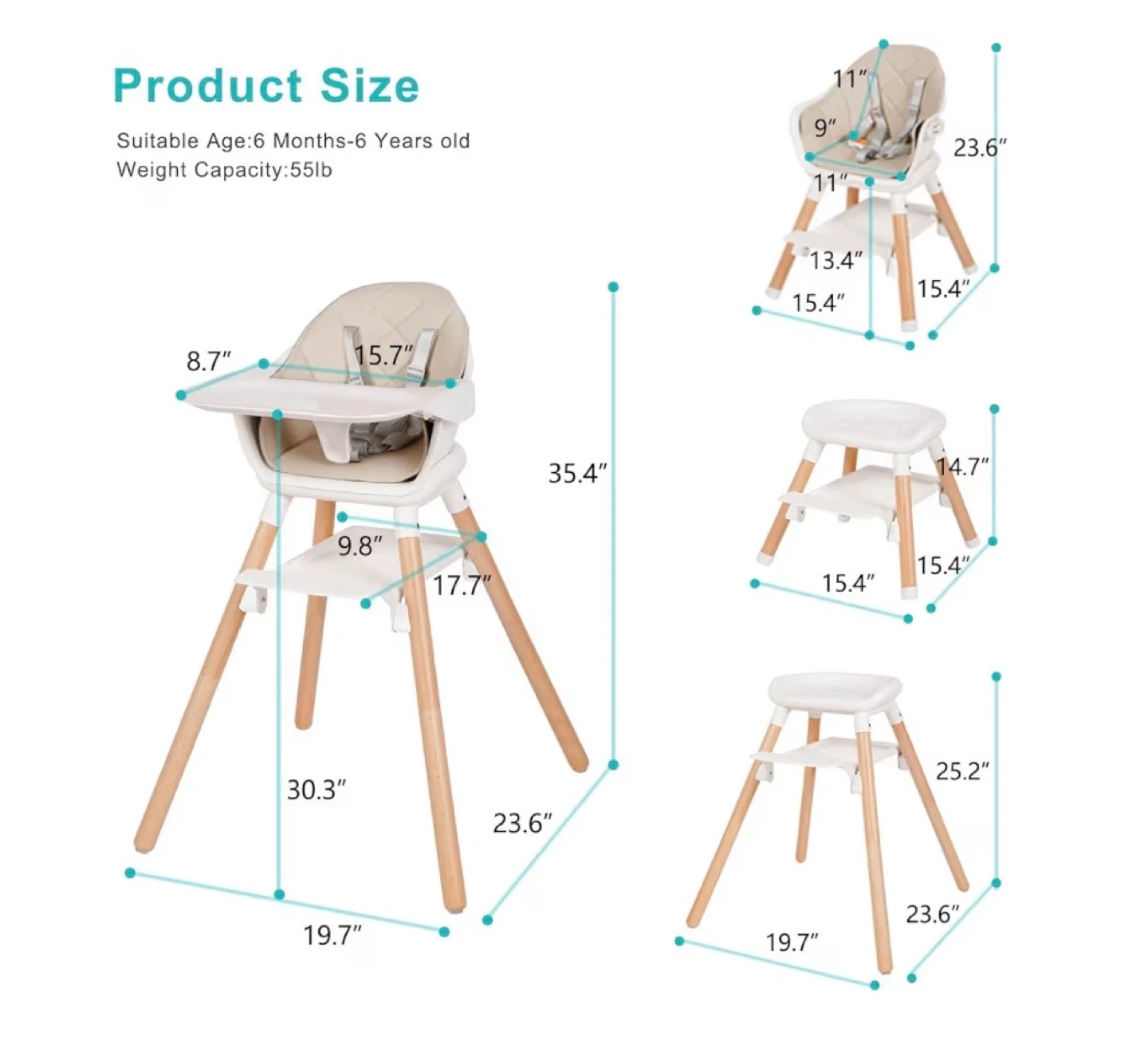 Factory Sealed 6 in 1 Wooden Convertible High Chairs, Beige - photo 2
