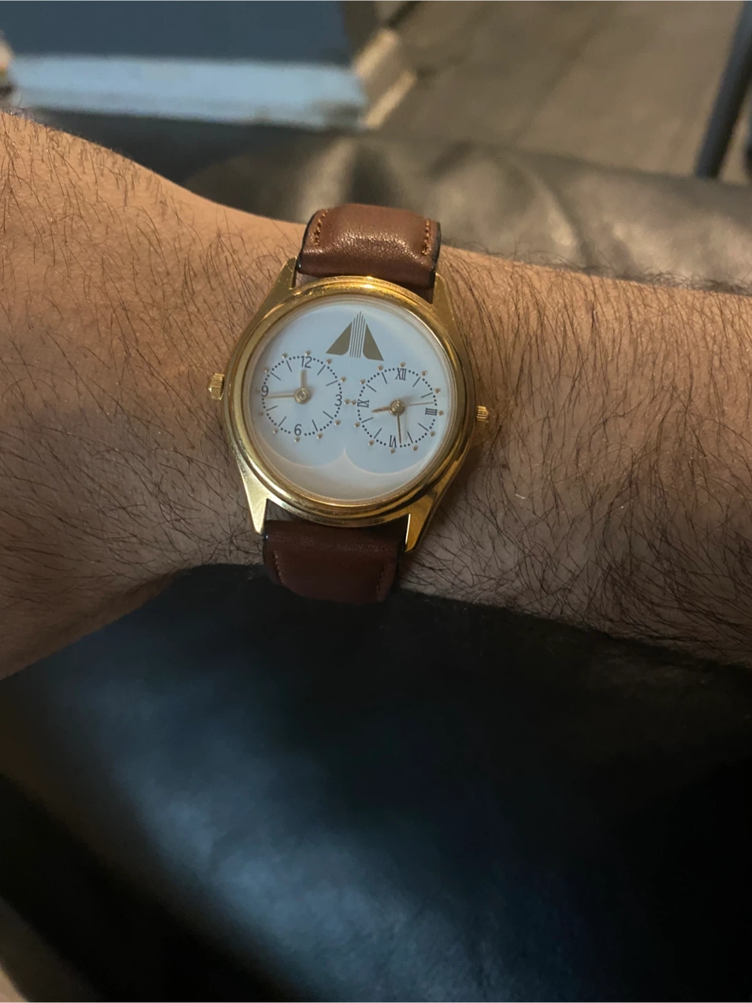 Analog Dual Dial Watch with Brown Leather Band