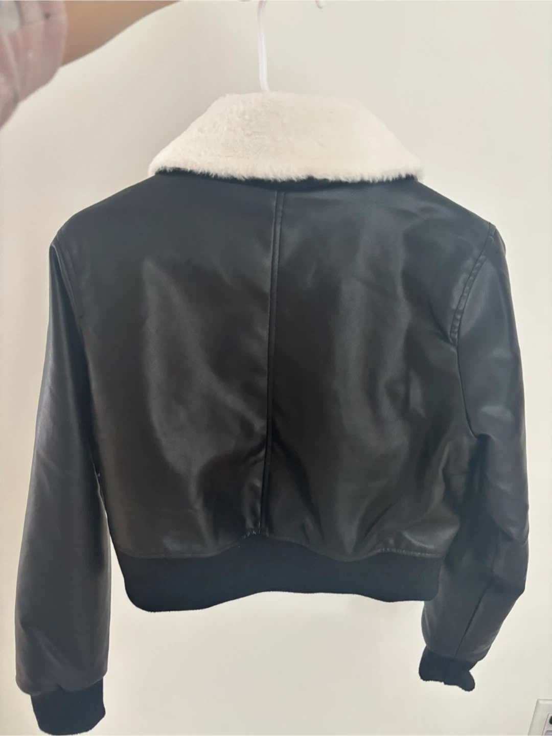 Black Faux Leather Bomber Jacket with White Fur Collar - photo 3