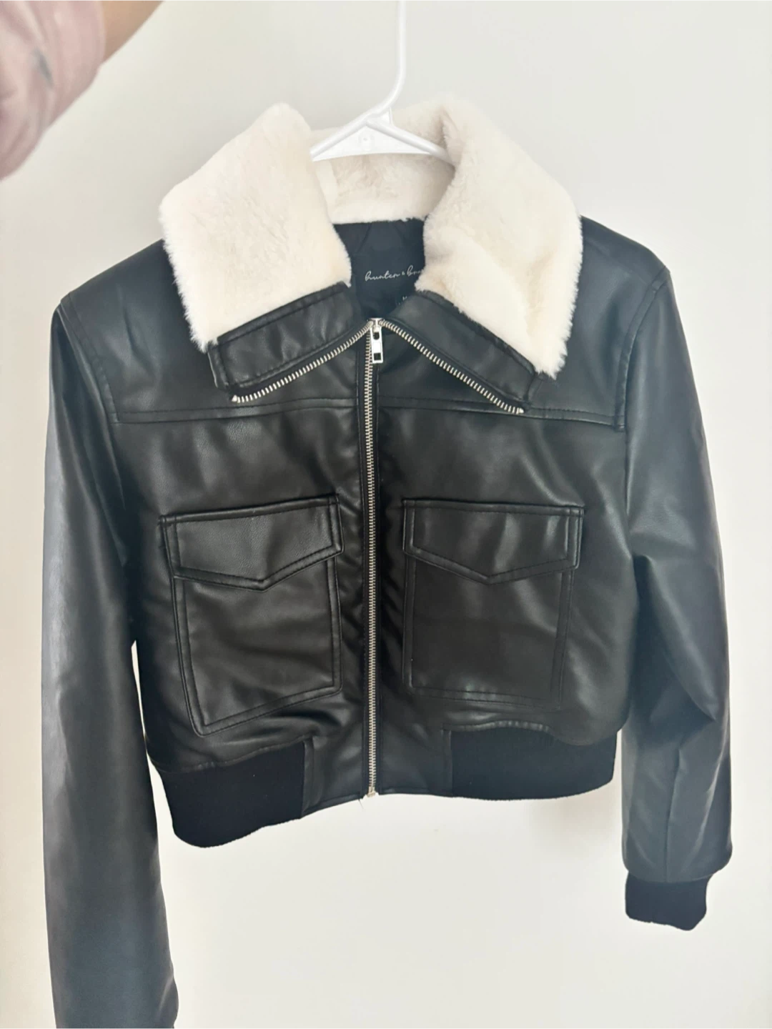 Black Faux Leather Bomber Jacket with White Fur Collar - photo 2