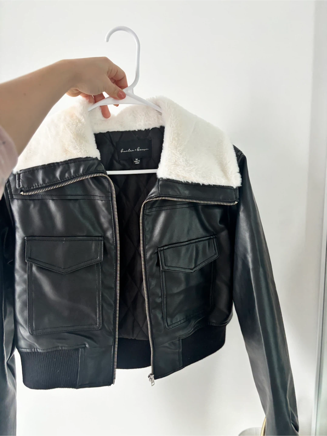 Black Faux Leather Bomber Jacket with White Fur Collar