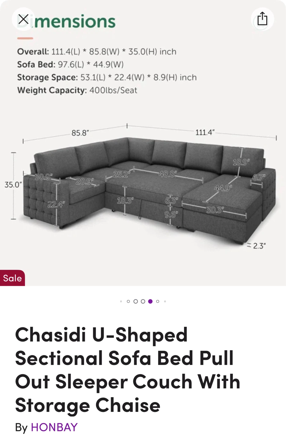 U shaped sectional sofa bed with storage chaise - photo 3