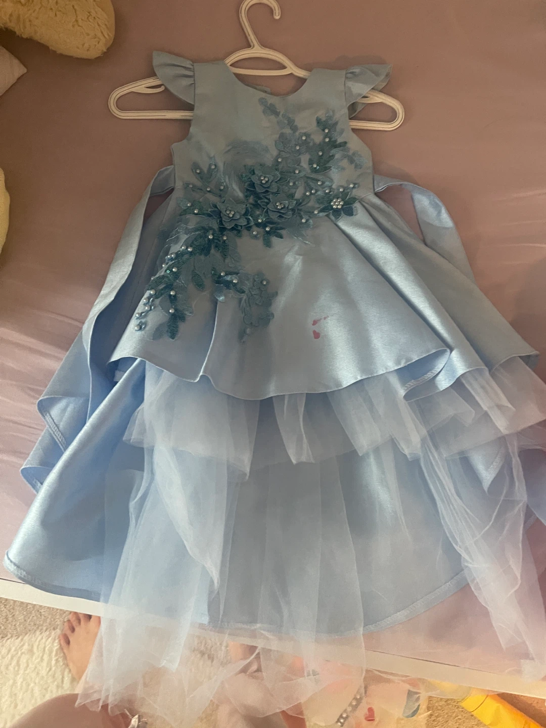 Light Blue Tulle Party Dress with Floral Embellishments