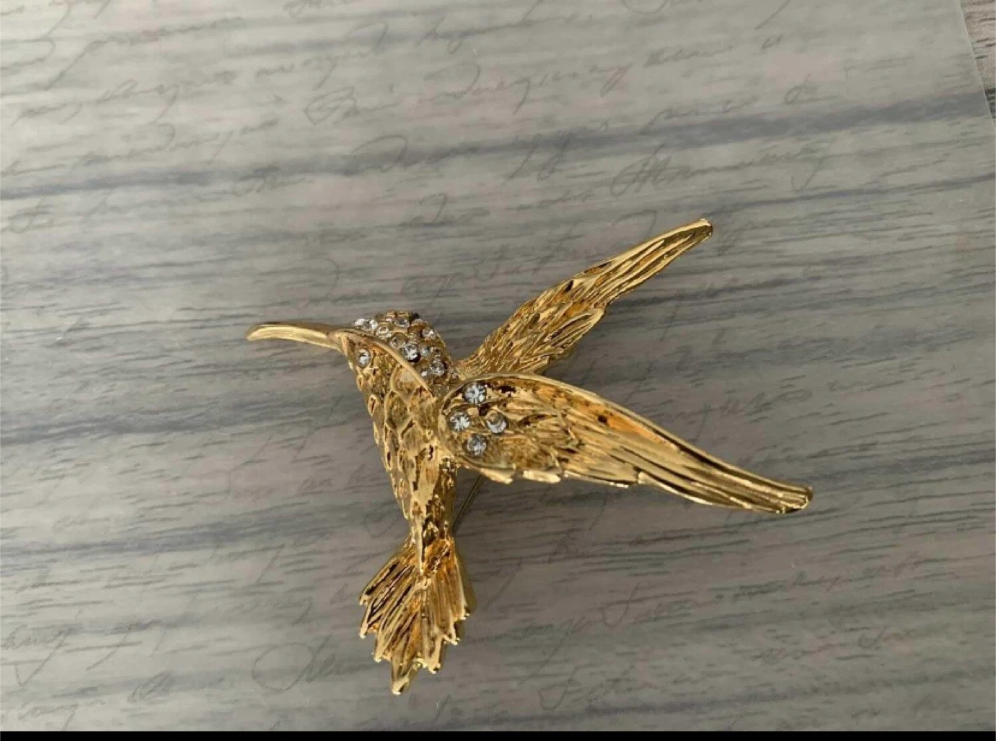 Gold Tone Hummingbird Brooch with Rhinestones