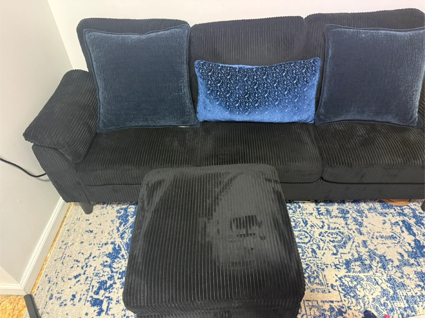Black Corduroy Sofa with Storage Ottoman