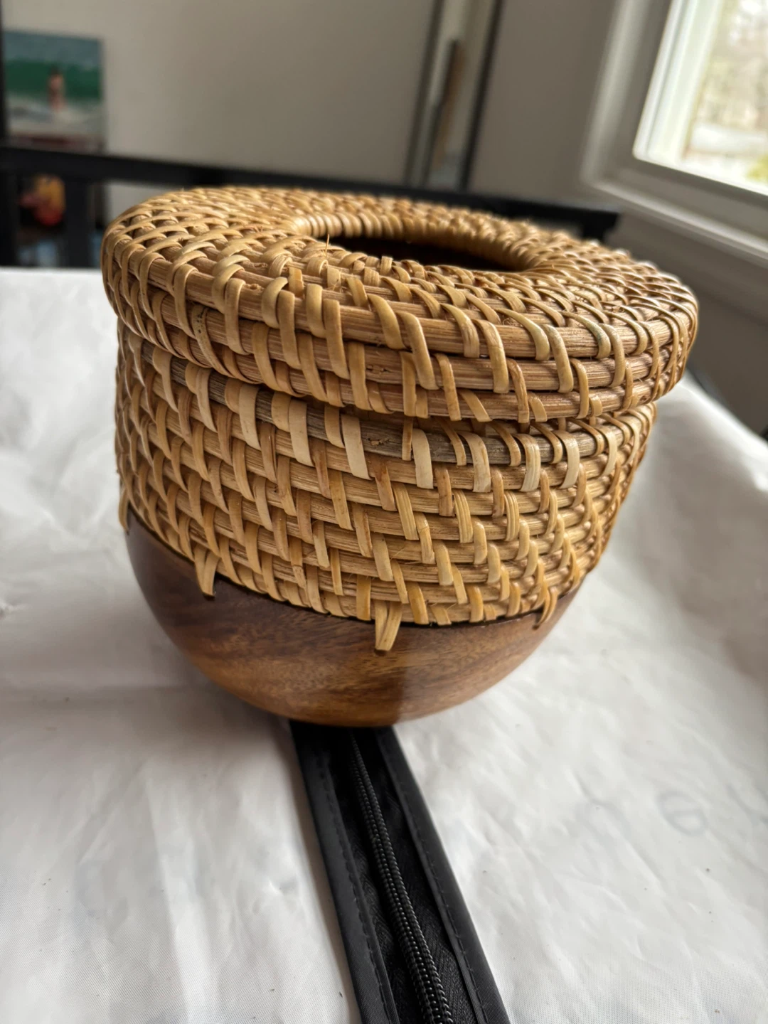 Woven Rattan and Wood Round Basket with Lid