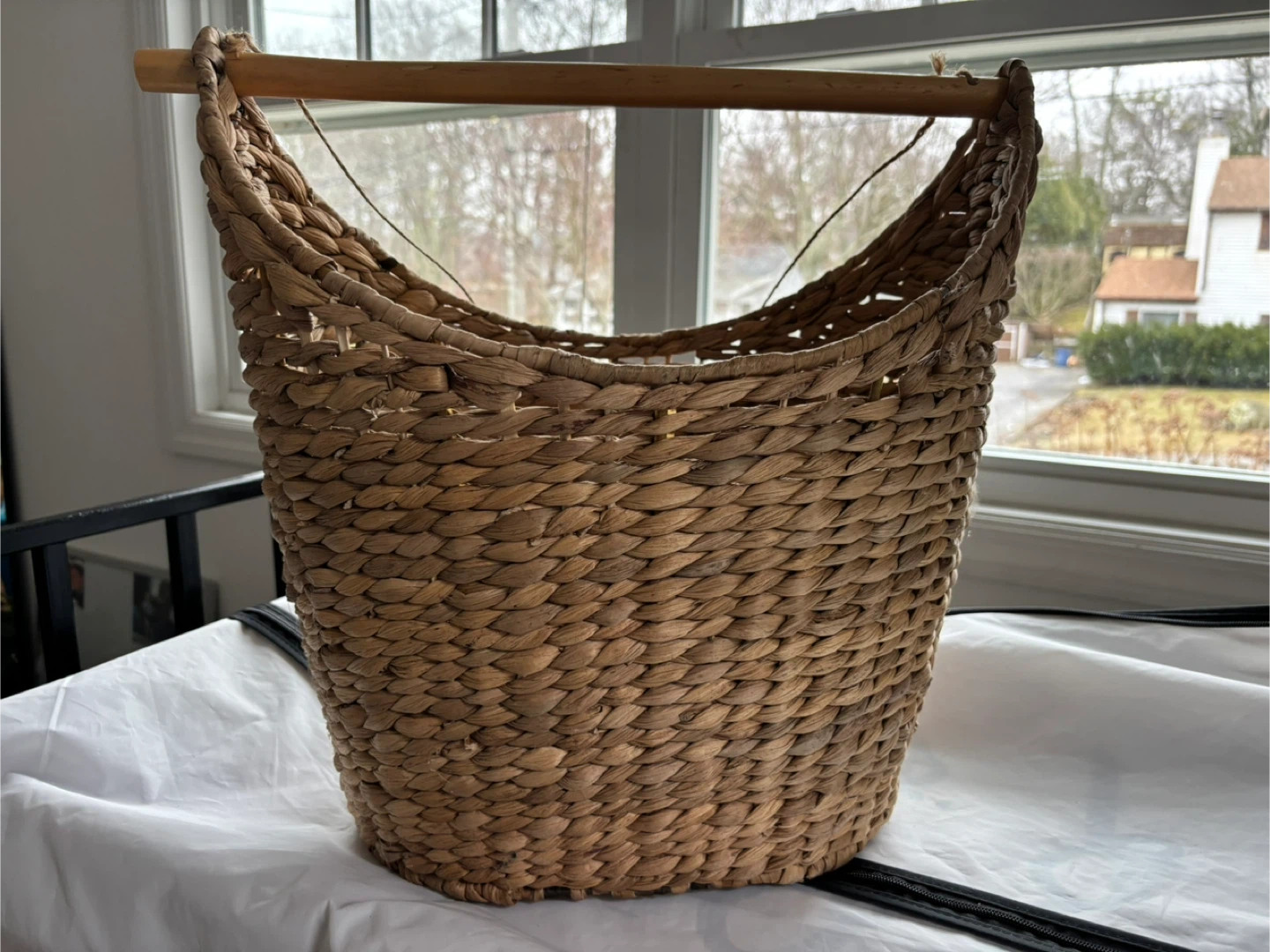Woven Hyacinth Basket with Wooden Handle