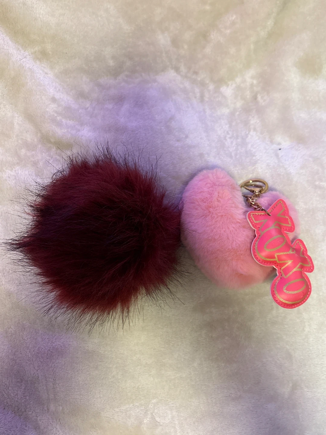Pink Heart & Burgundy Pom Pom Faux Fur Keychains