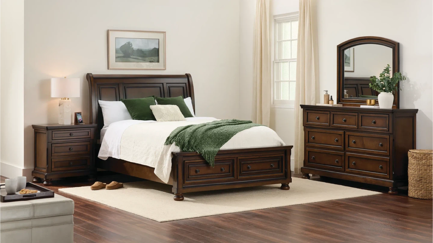 Brown Cherry Queen Sleigh Platform Storage Bed Frame - photo 2