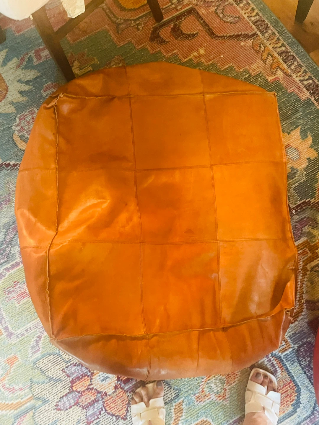 Brown Leather Pouf Ottoman Footstool - photo 3