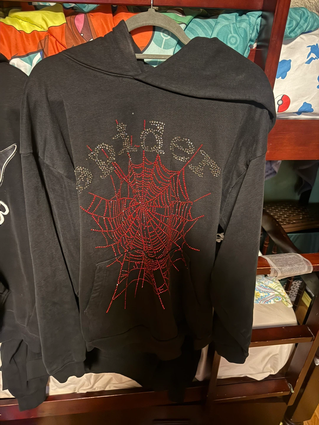 Sp5der Black Rhinestone Spider Web Hoodie Size L