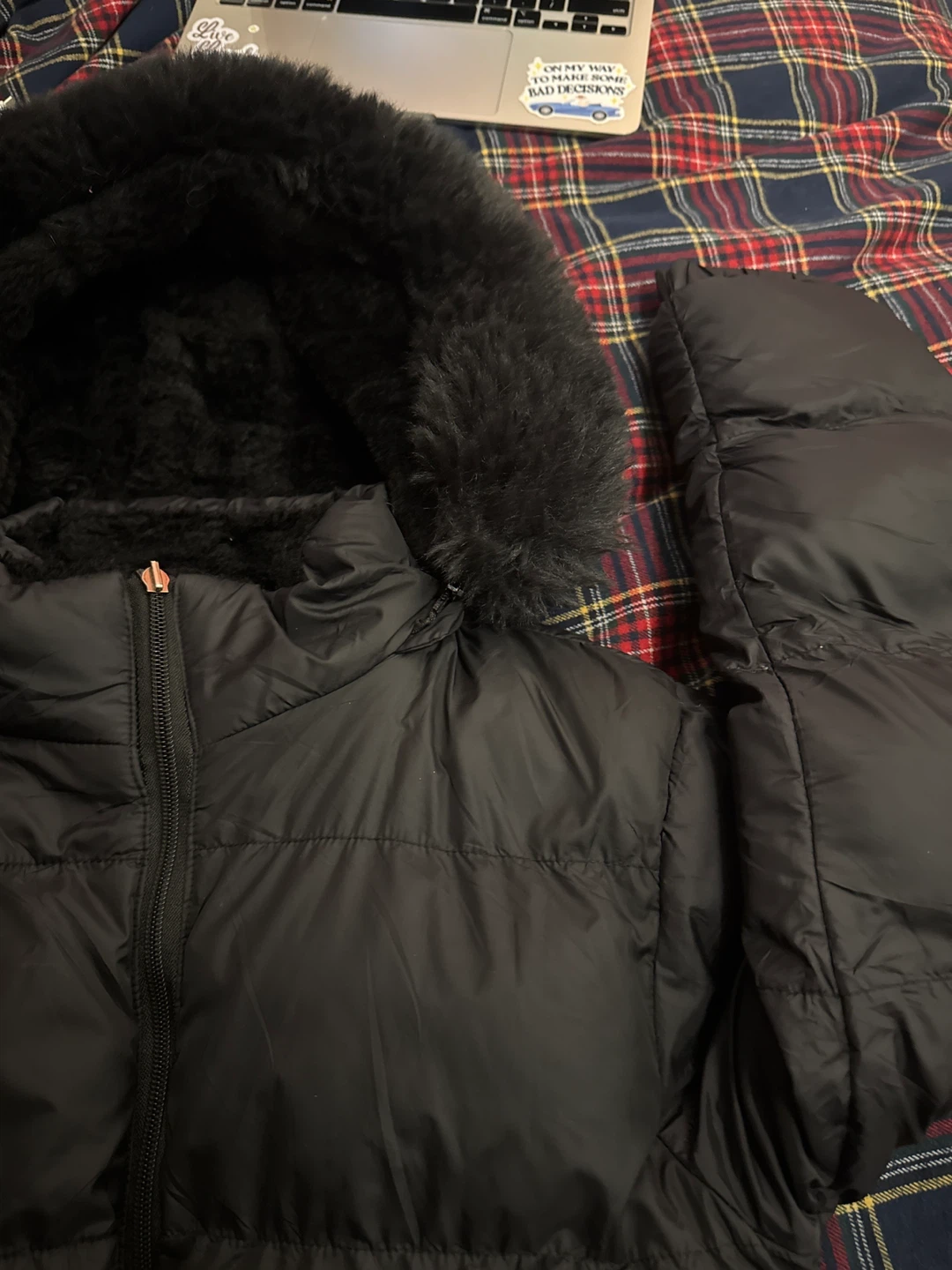 Black Puffer Jacket with Fur Hood - photo 2