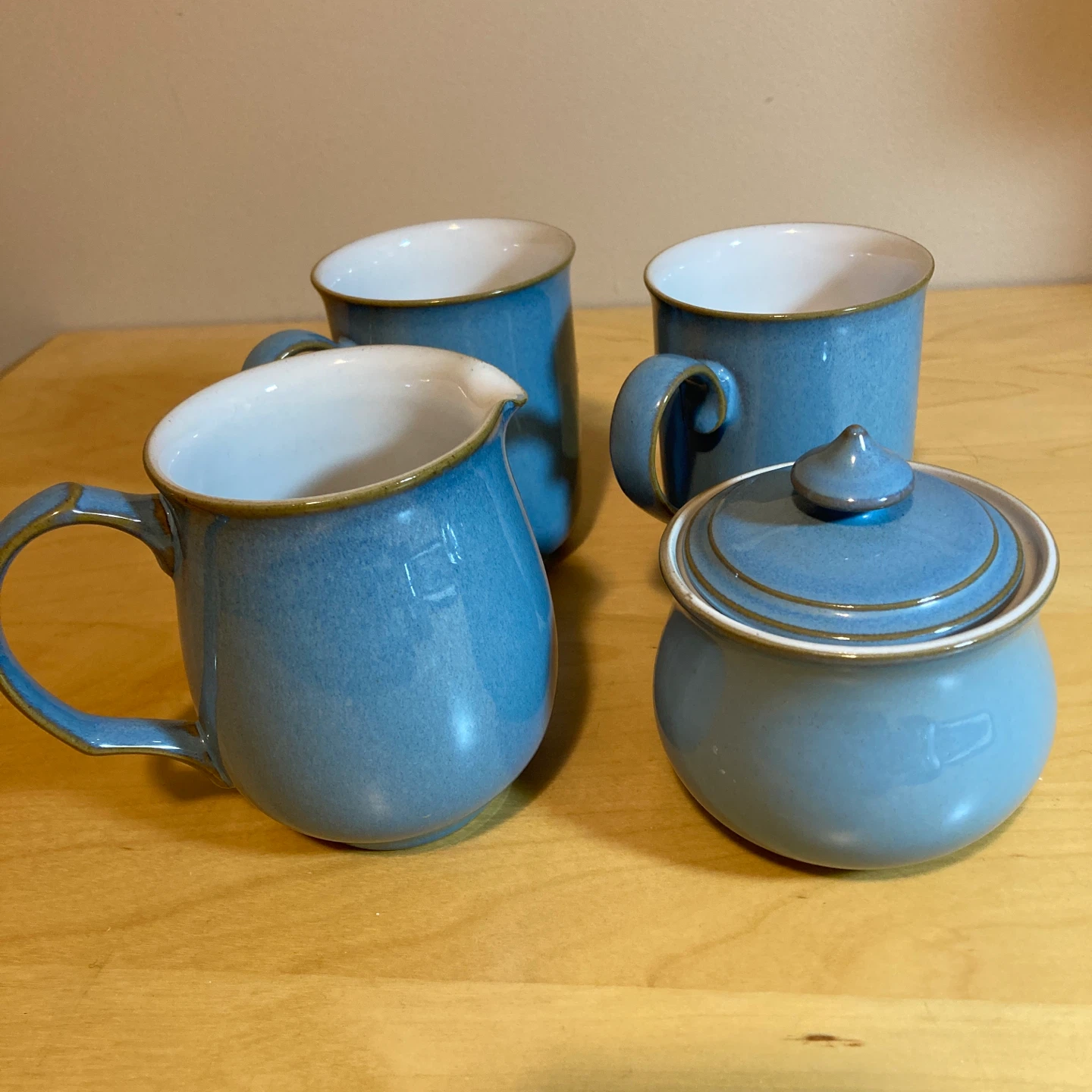 Denby England Blue Stoneware Coffee Mugs and Sugar Bowl Set