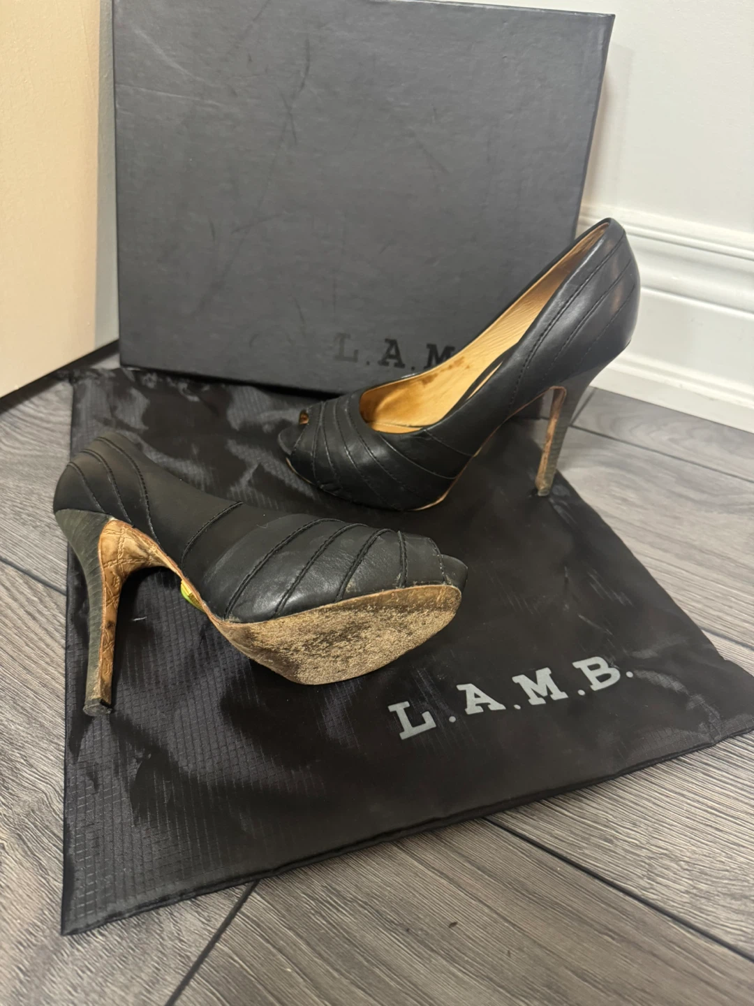 L.A.M.B. Black Peep-Toe Heels - photo 5