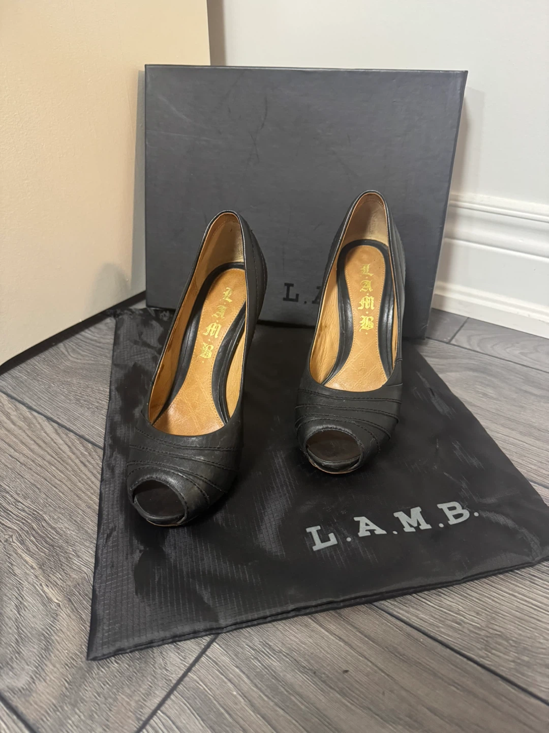 L.A.M.B. Black Peep-Toe Heels