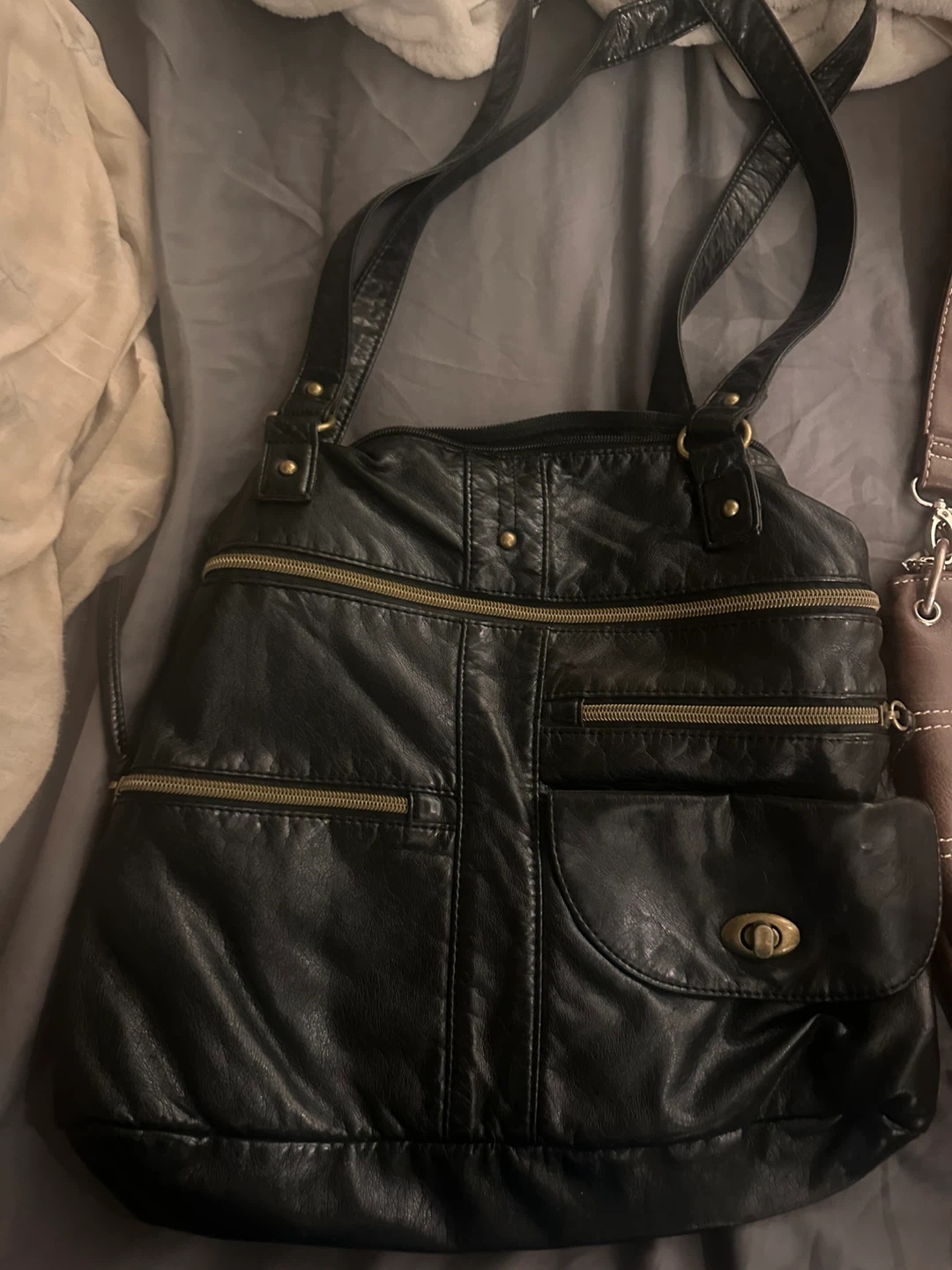 Black Faux Leather Shoulder Bag with Zipper Pockets