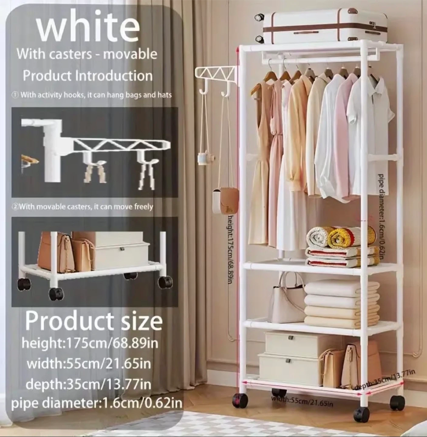 White Rolling Garment Rack with Shelves