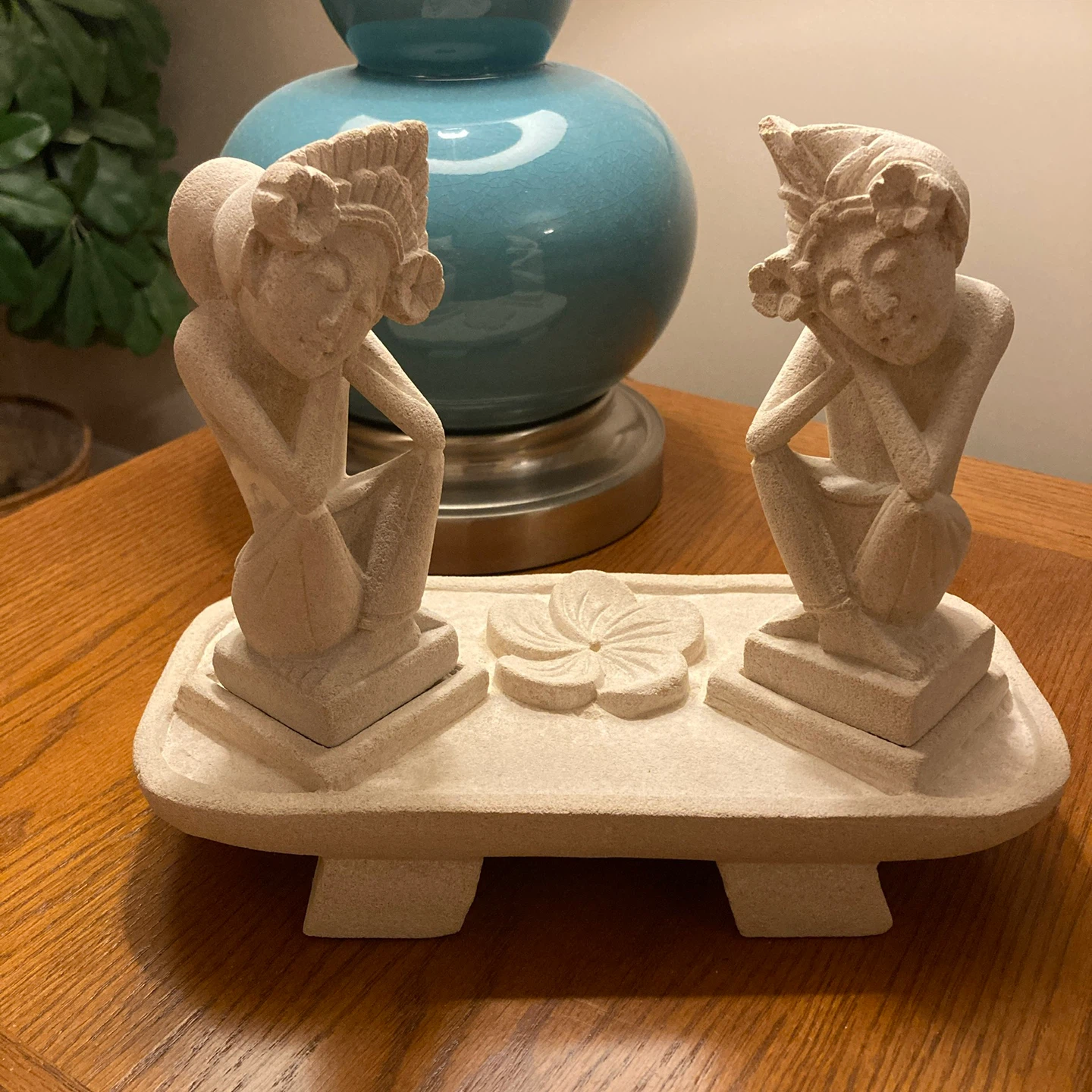 New Balinese Stone Figurine Set with Flower Accent