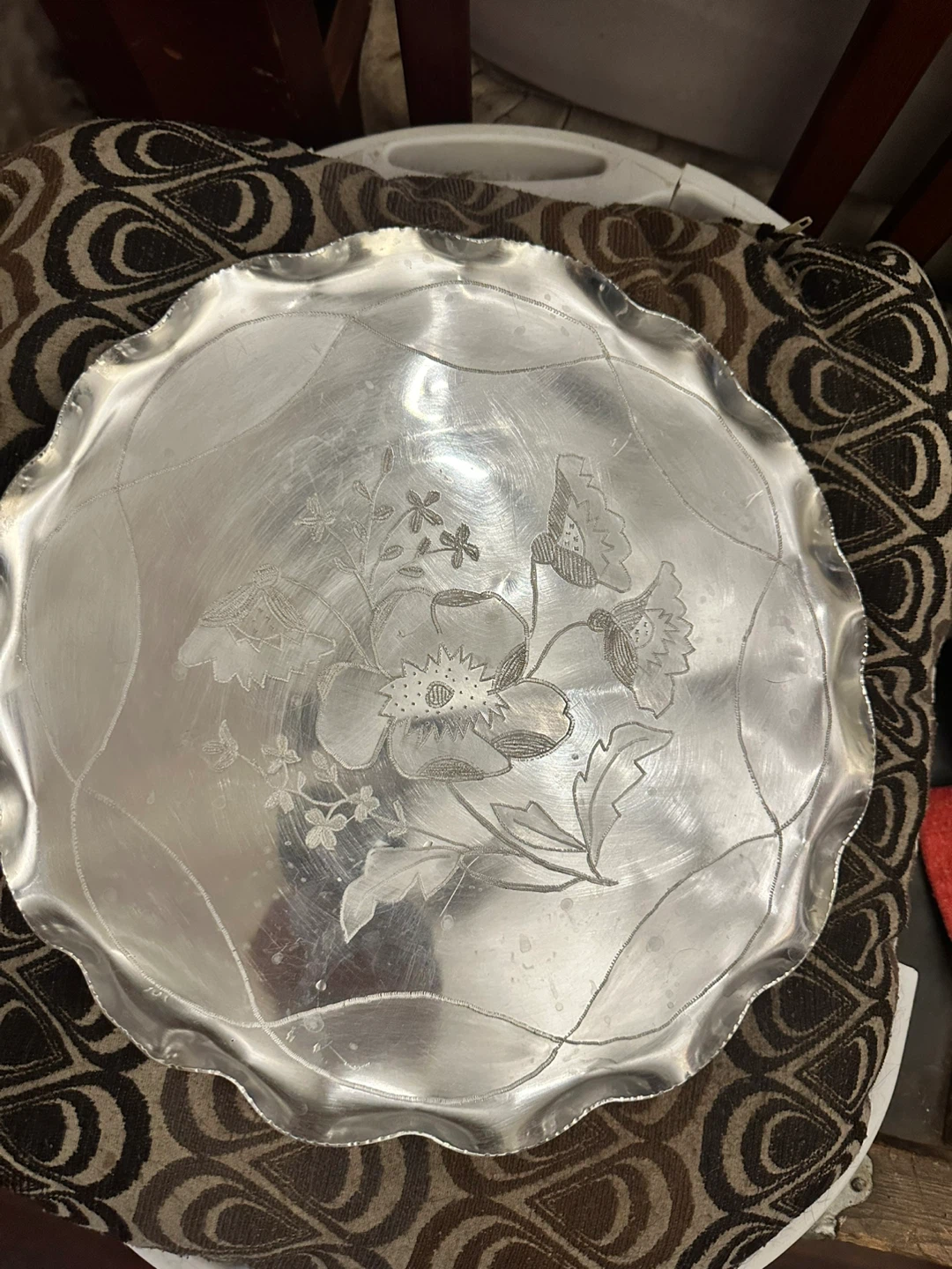 Vintage Aluminum Serving Platter with Floral Engraving