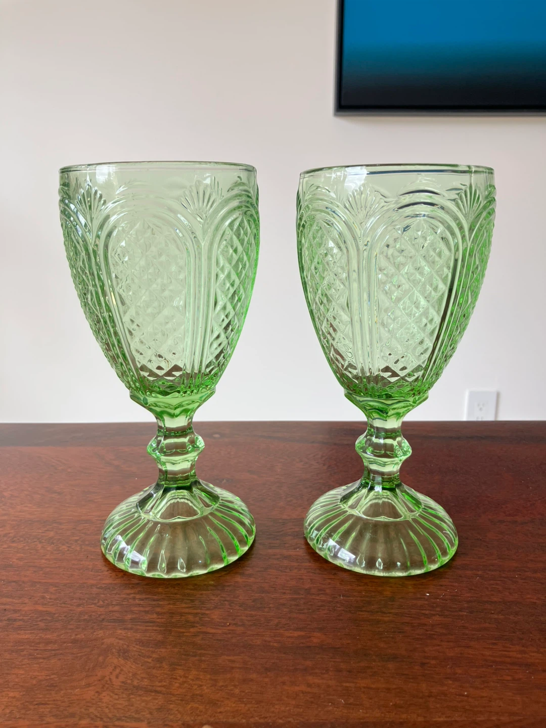 Vintage Green Glass Goblets Set of 2