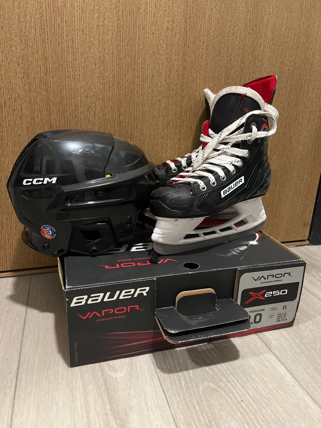 Helmet and Bauer Vapor X250 Youth Ice Skates - Size US 3.0
