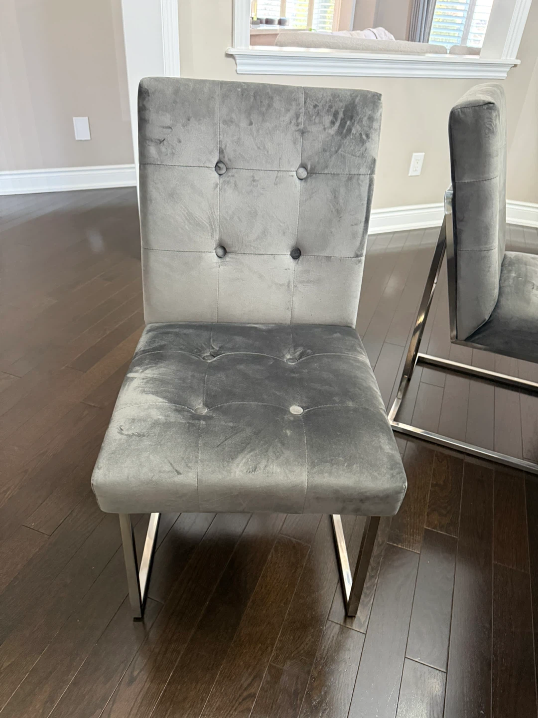 Set of 4 Grey Velvet Dining Chairs  & 2 green accent chairs