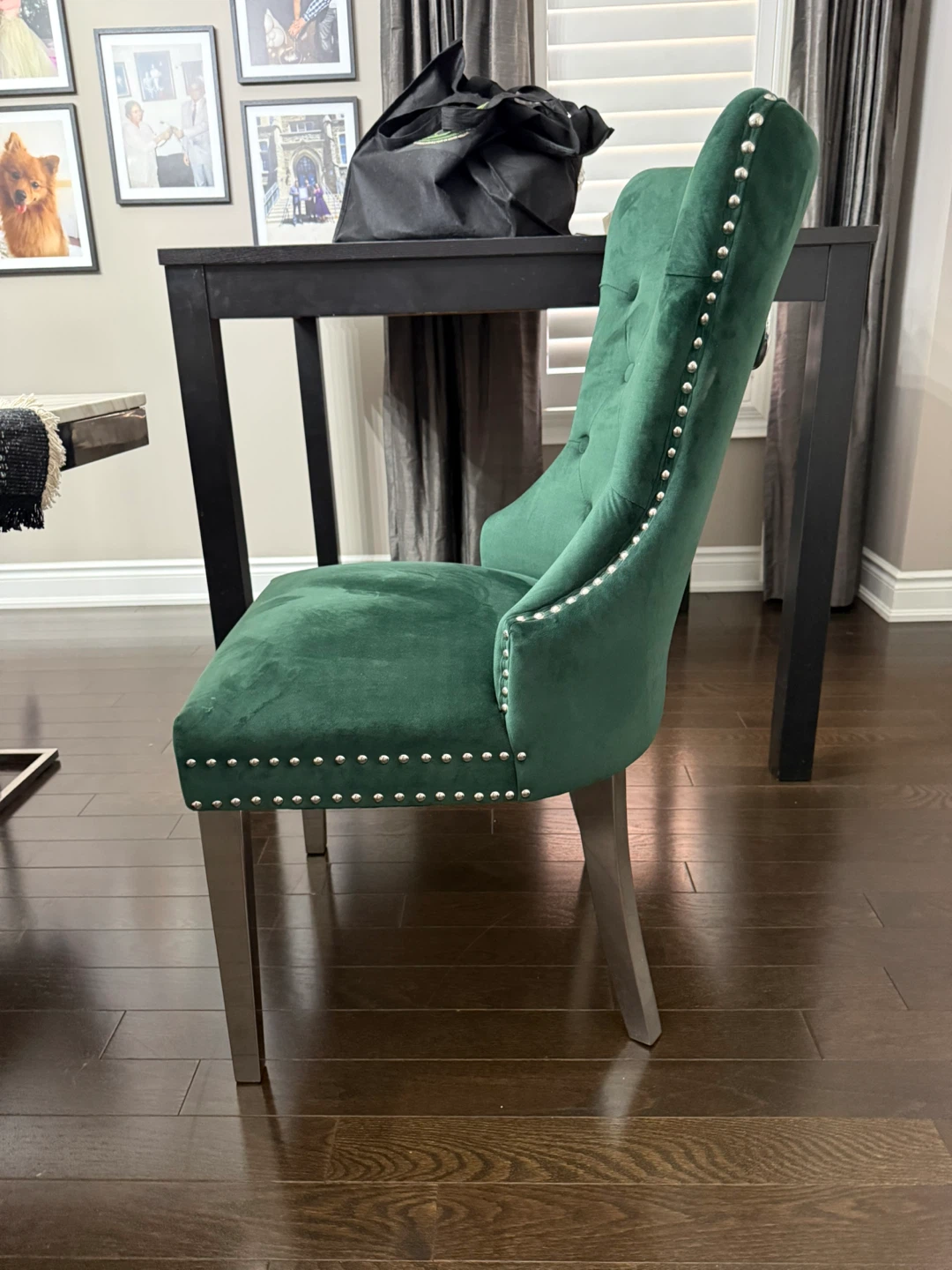 Set of 4 Grey Velvet Dining Chairs  & 2 green accent chairs - photo 4