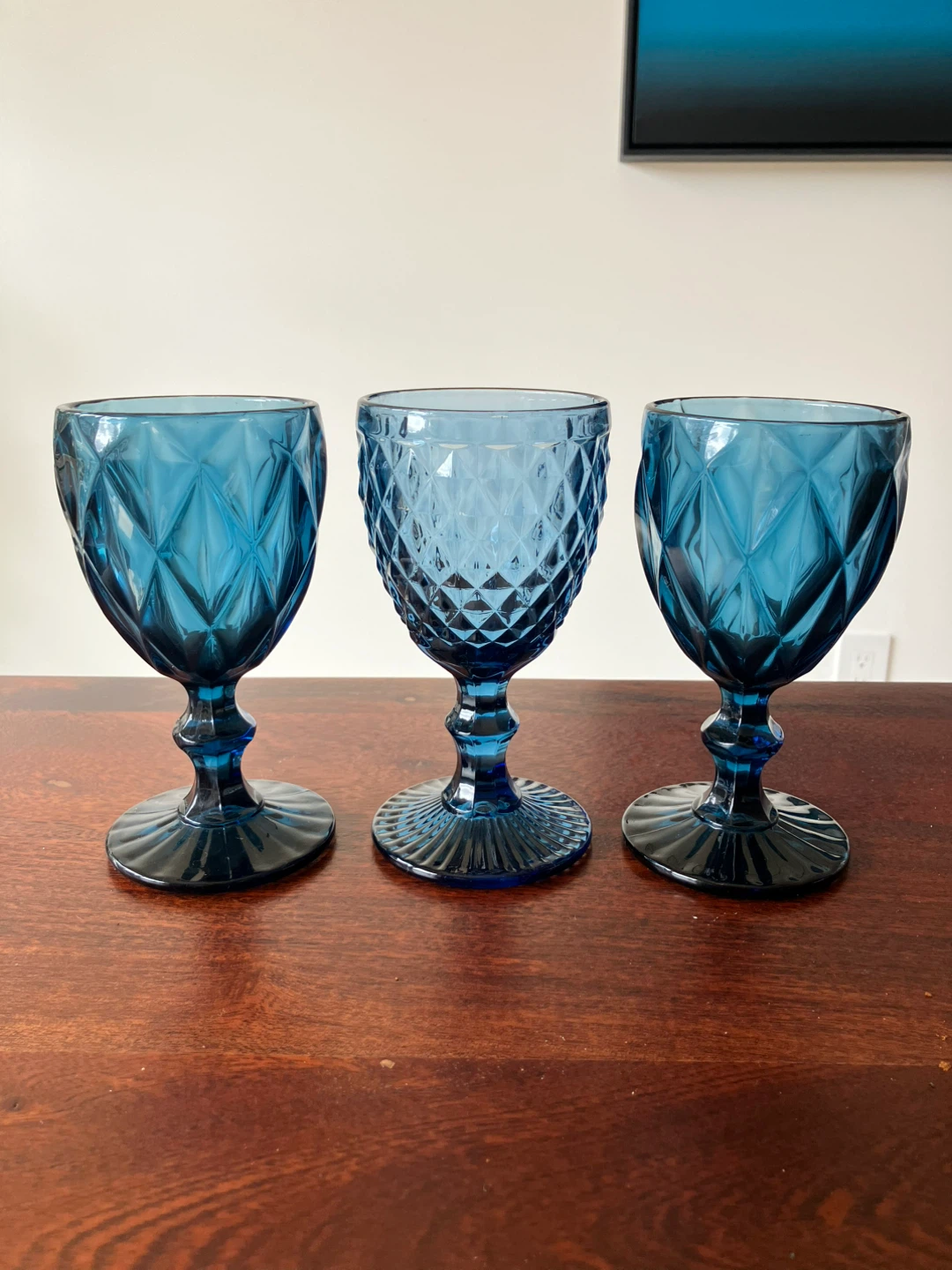 3 Blue Vintage Glass Goblets