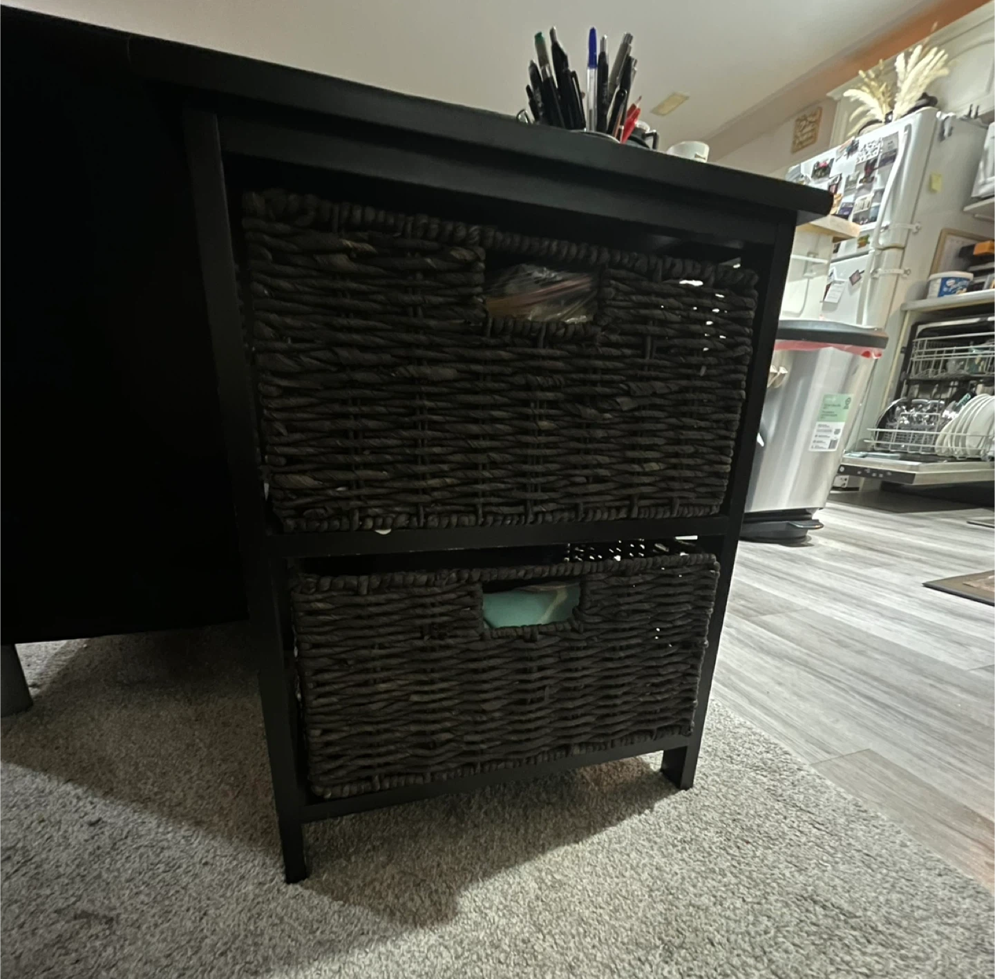 2 Black Side Tables with Woven Baskets