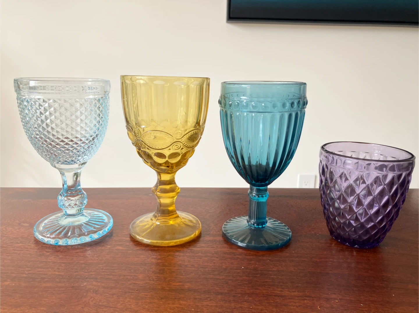 Set of 4 Coloured Glass Goblets and Tumbler