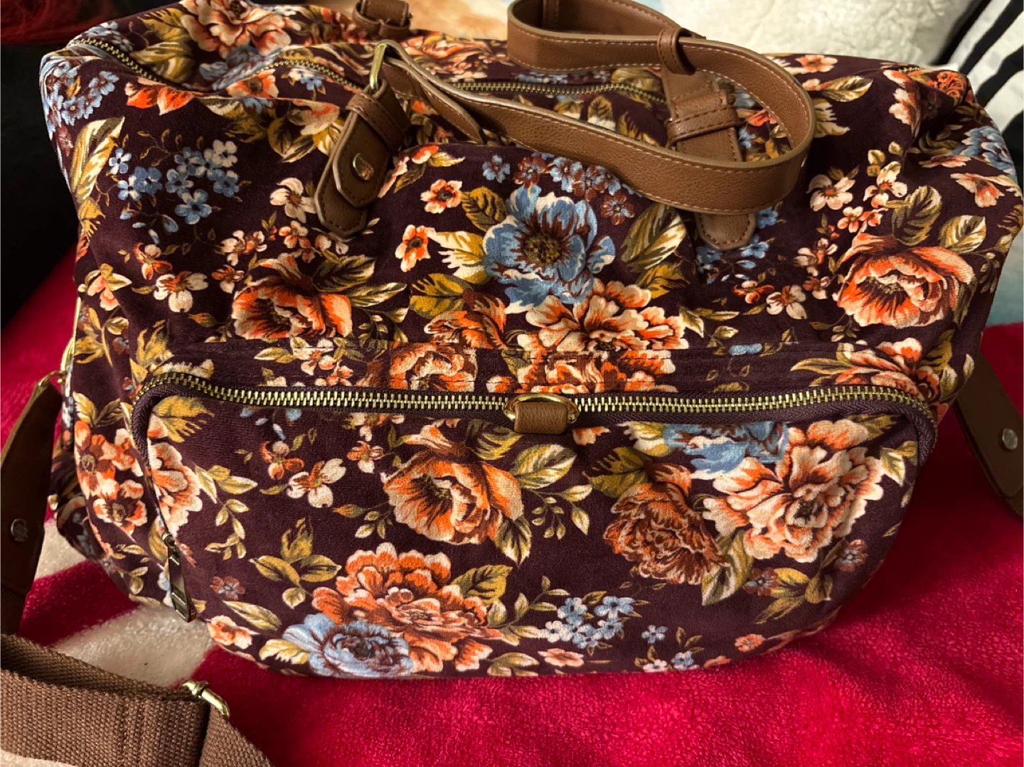 Floral Print Duffle Bag with Brown Faux Leather Accents