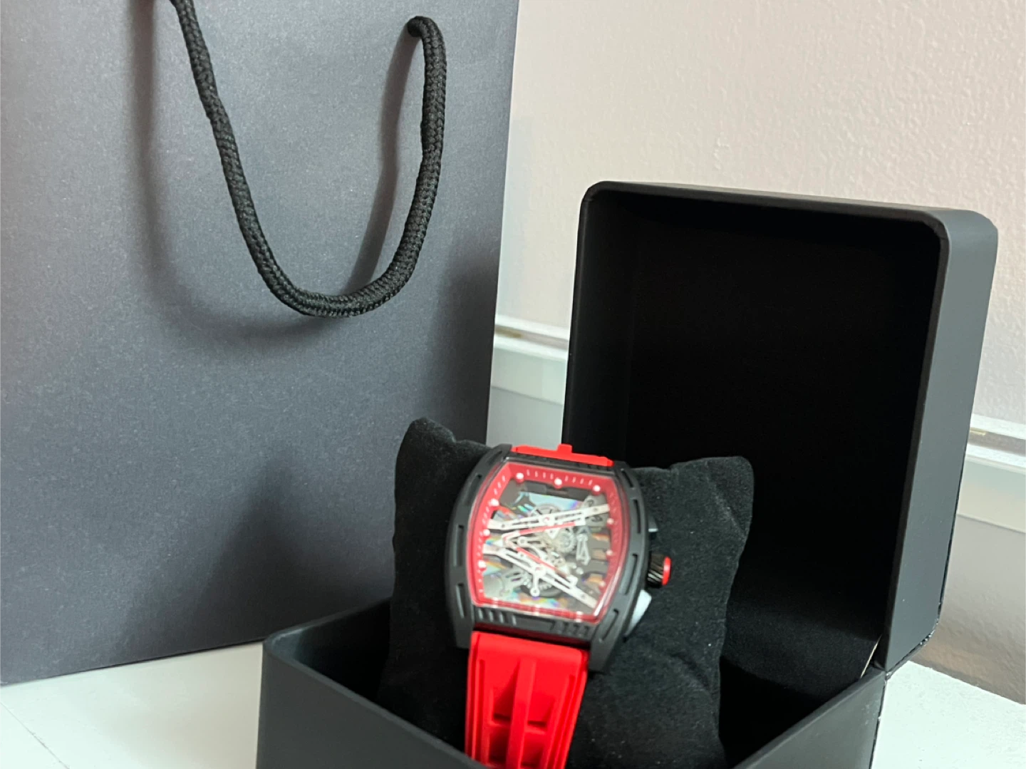 (Free Delivery) Skeleton Dial Red and Black Watch