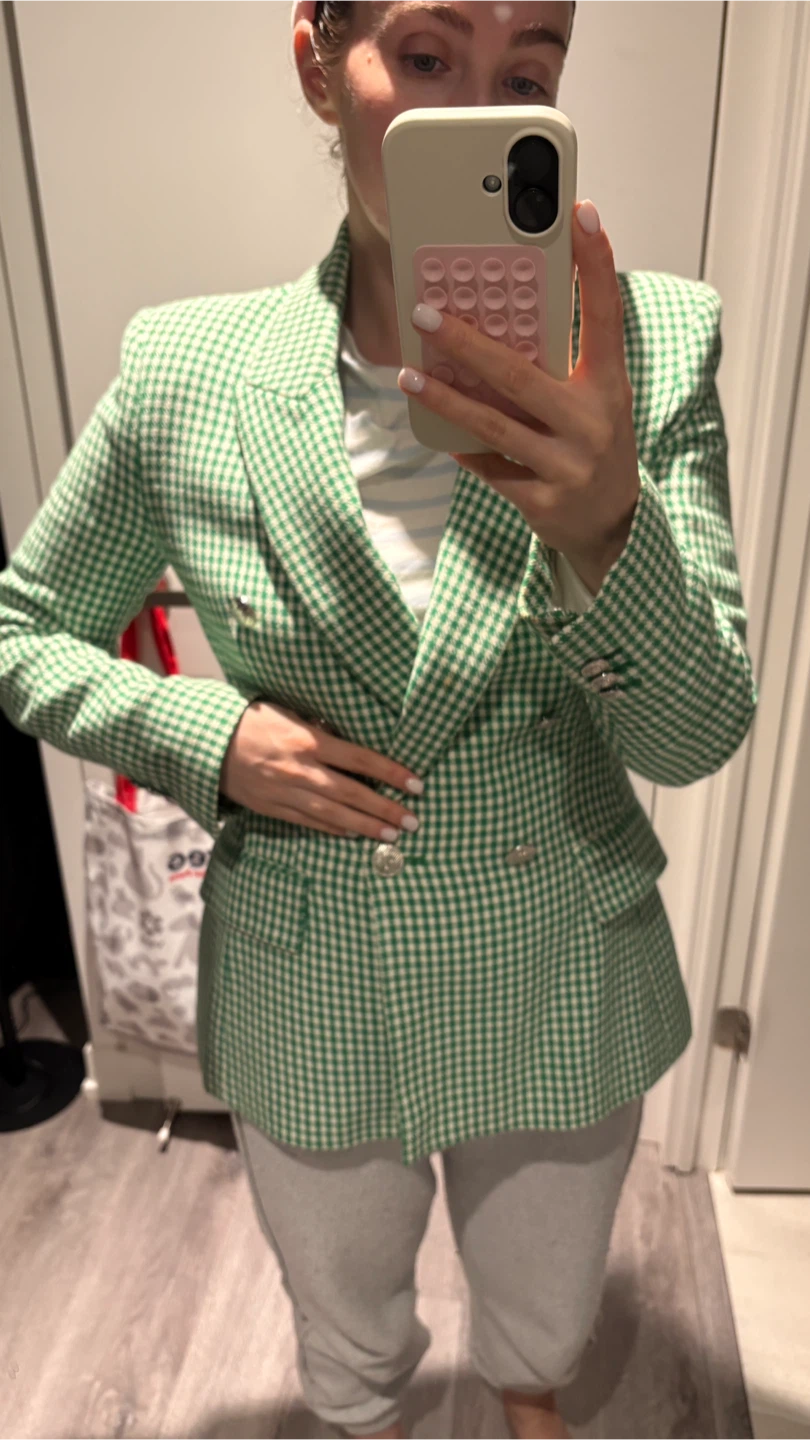 Zara Green Gingham Double-Breasted Blazer
