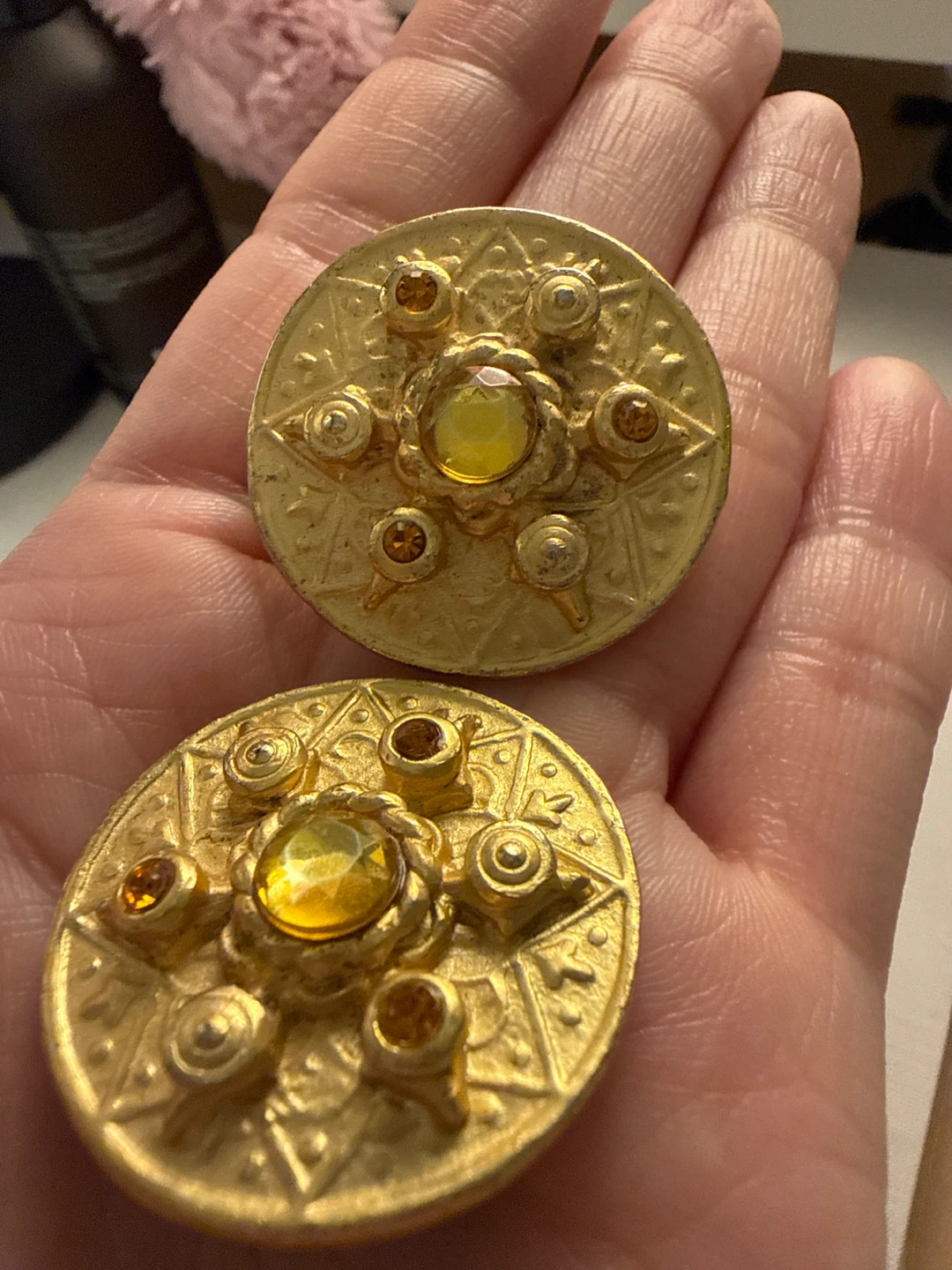 Gold-tone Round clip on earrings with Amber-like Stones