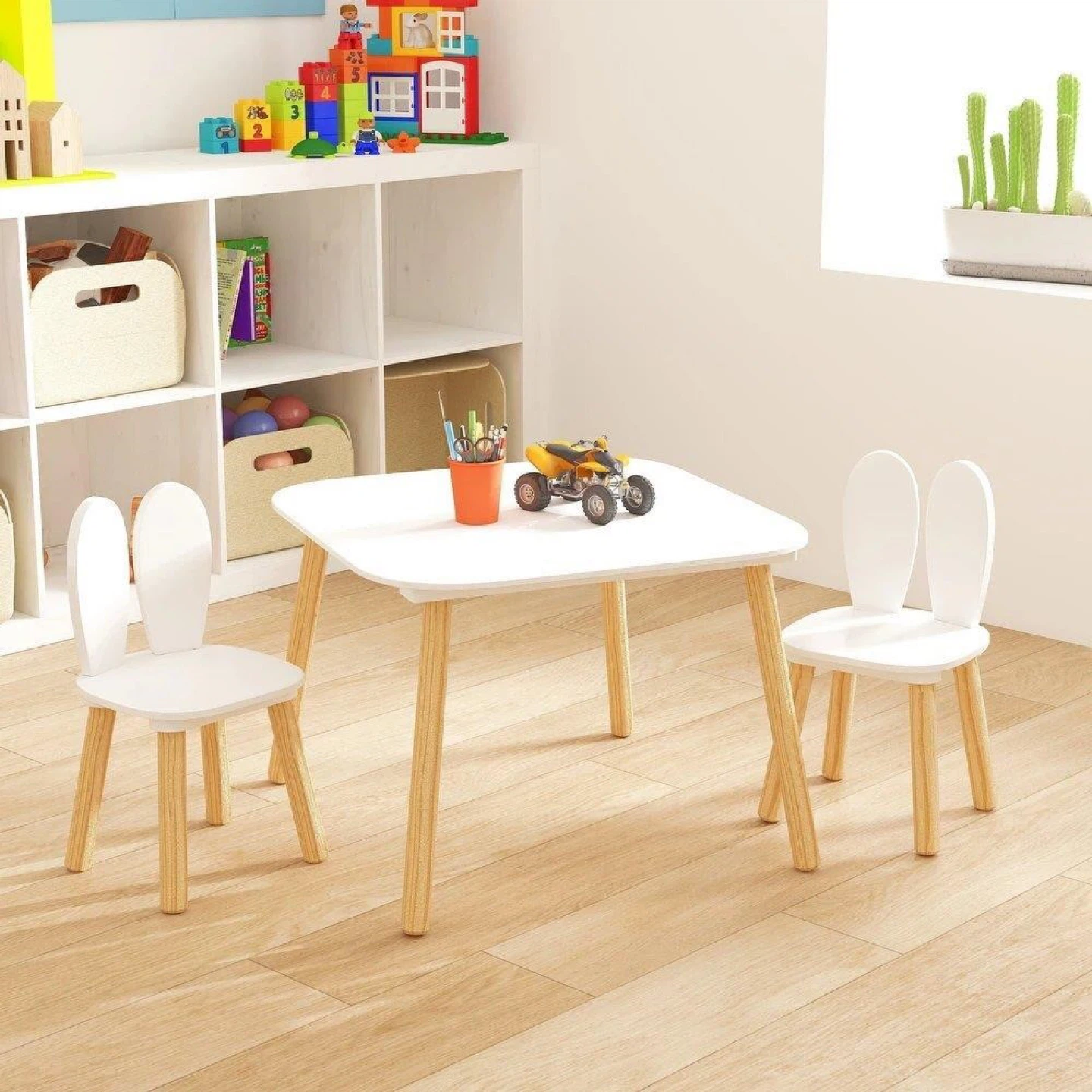 Kids Table and 2 Chairs Set - White Bunny Ears Design