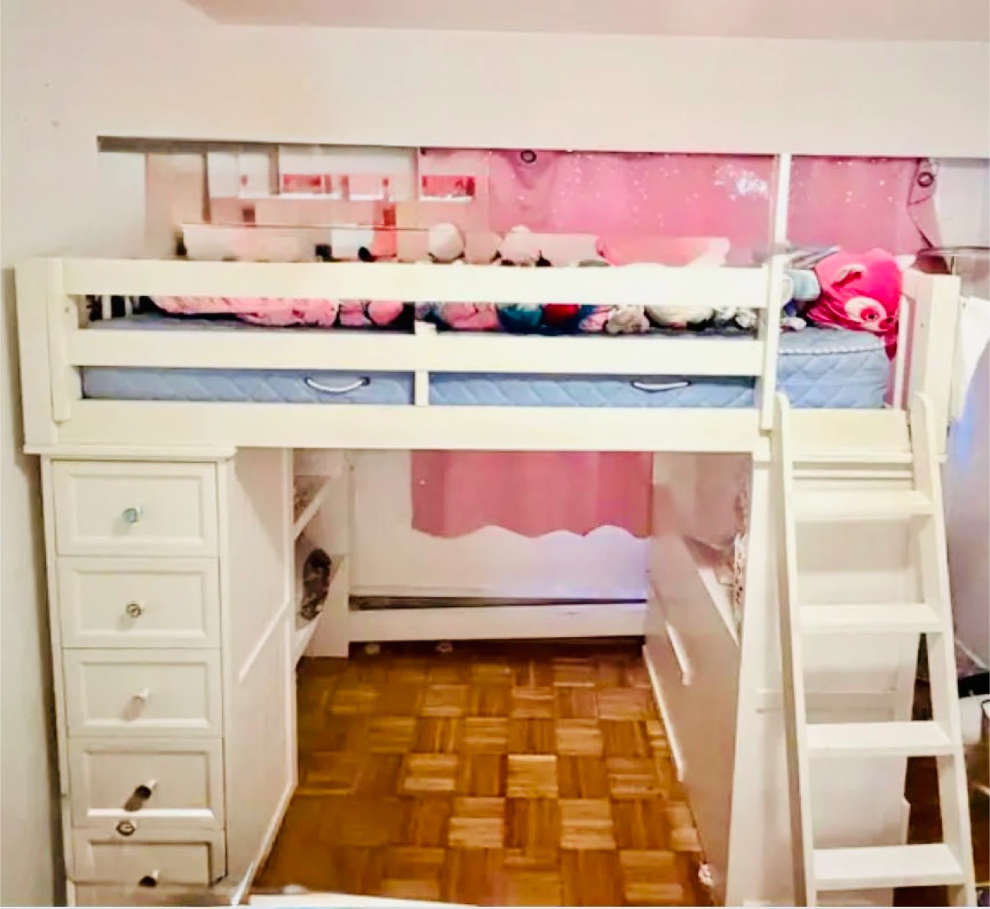 White Loft Bed with Desk and Storage