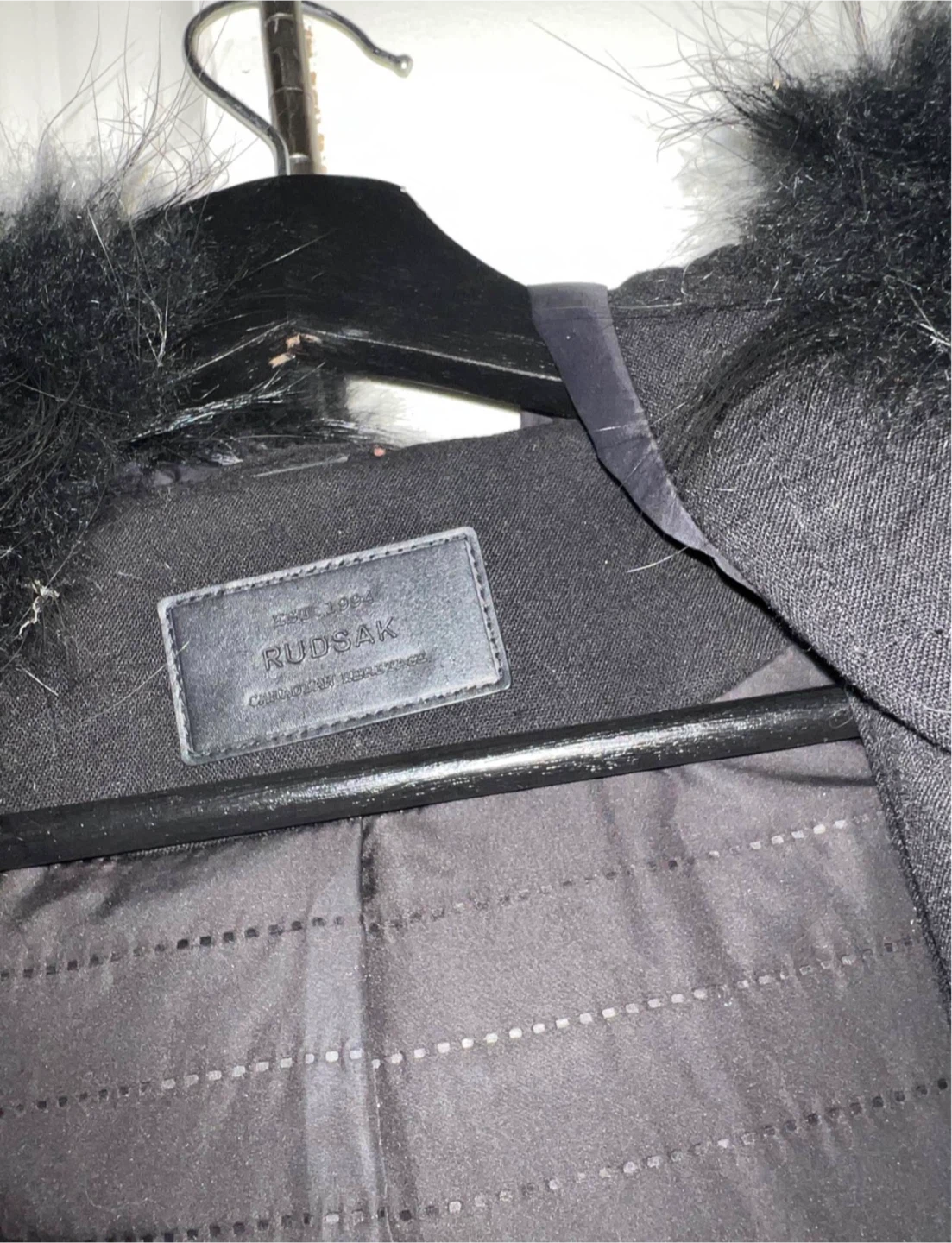 Rudsak Black Wool Blend Coat with Leather Sleeves and Fur Trim - photo 3