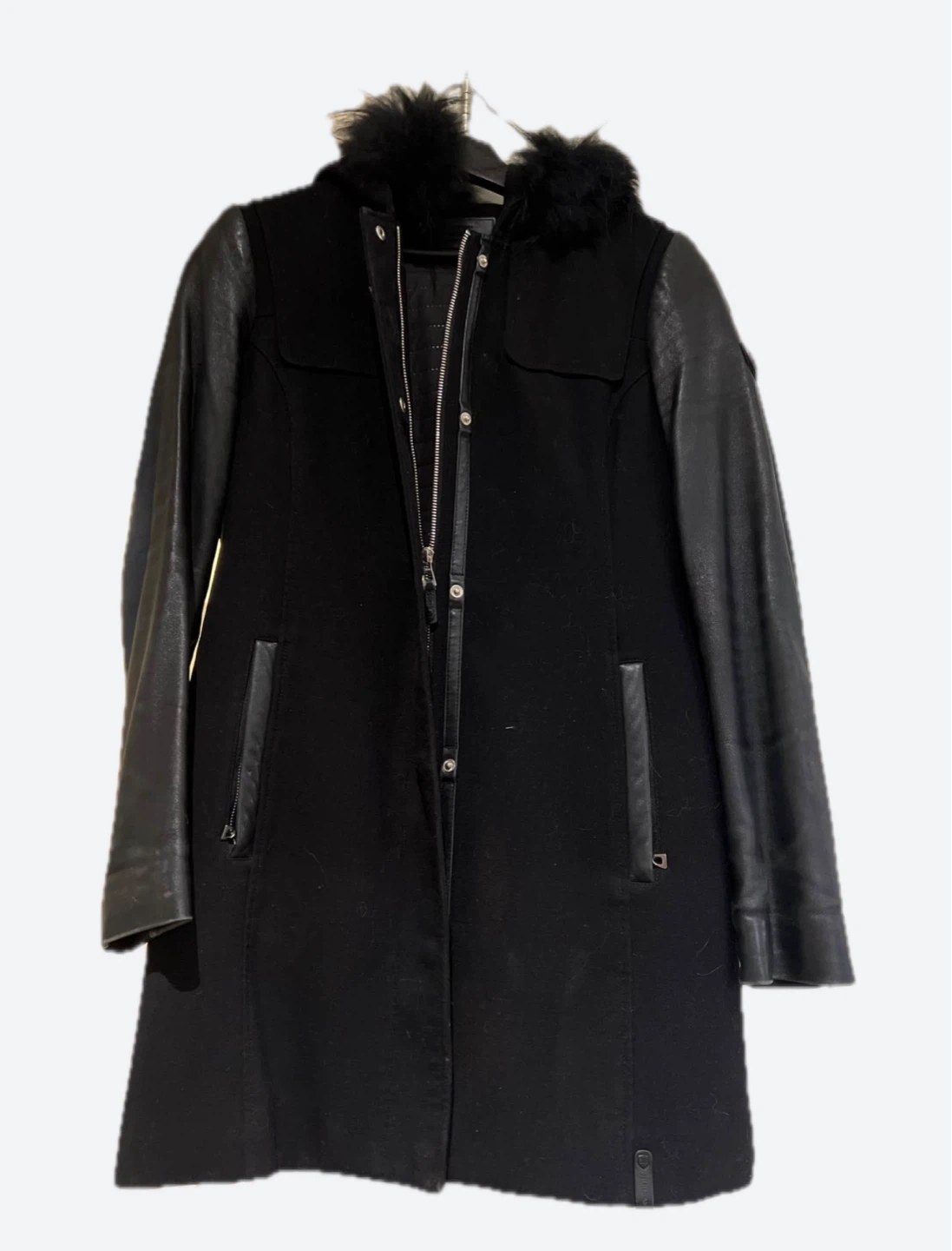 Rudsak Black Wool Blend Coat with Leather Sleeves and Fur Trim