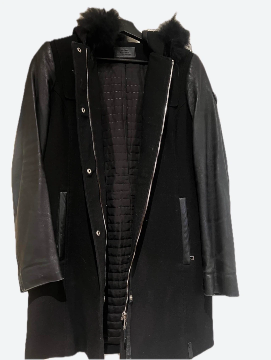 Rudsak Black Wool Blend Coat with Leather Sleeves and Fur Trim - photo 2